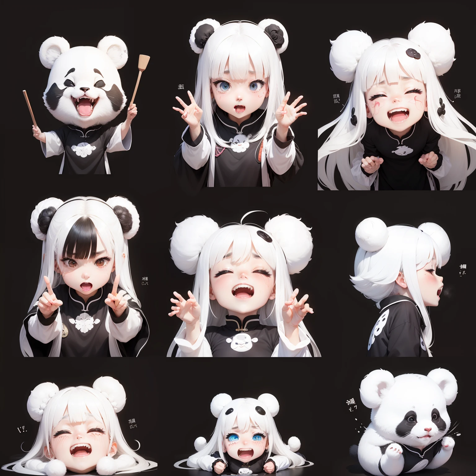 various poses and expressions ，related characters，very excited，laughing wildly ，scared，proudhumiliated，sad，angry，very anxious，-niji 5 --style cute，white background，low color，alk illustration , Chinese panda super cute ,variousposes and expressions ,very excited，laughing wildlyscared，proud，humiliated ，sad，angry， veryanxious , white background ,related characters ,lowsaturation color matching --ar 3:4 --niji 5 --style cute