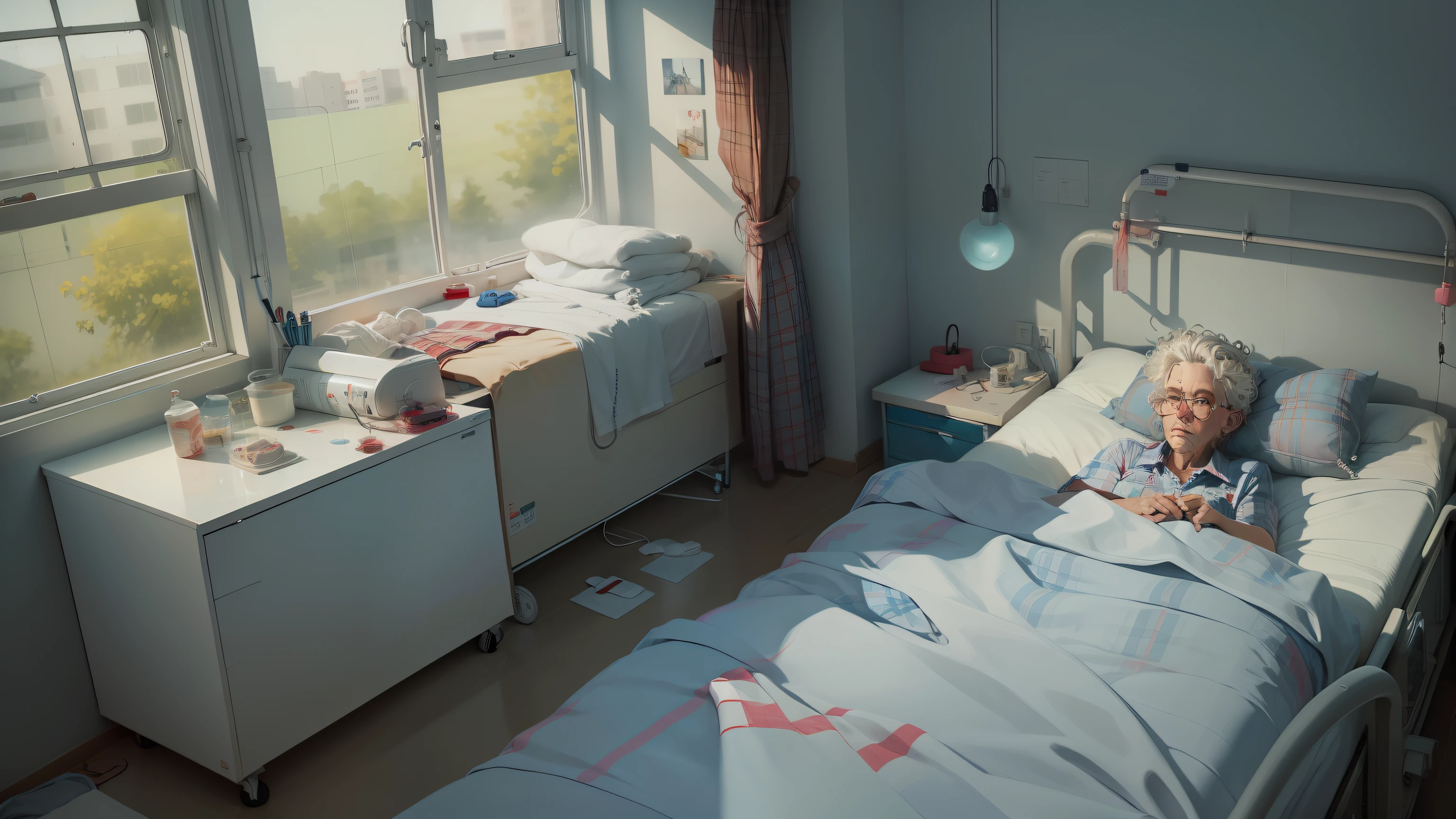 sickroom,Artist Mr. Old,Short white curly hair,Red and blue plaid shirt,tmasterpiece,The best quality,The is very detailed