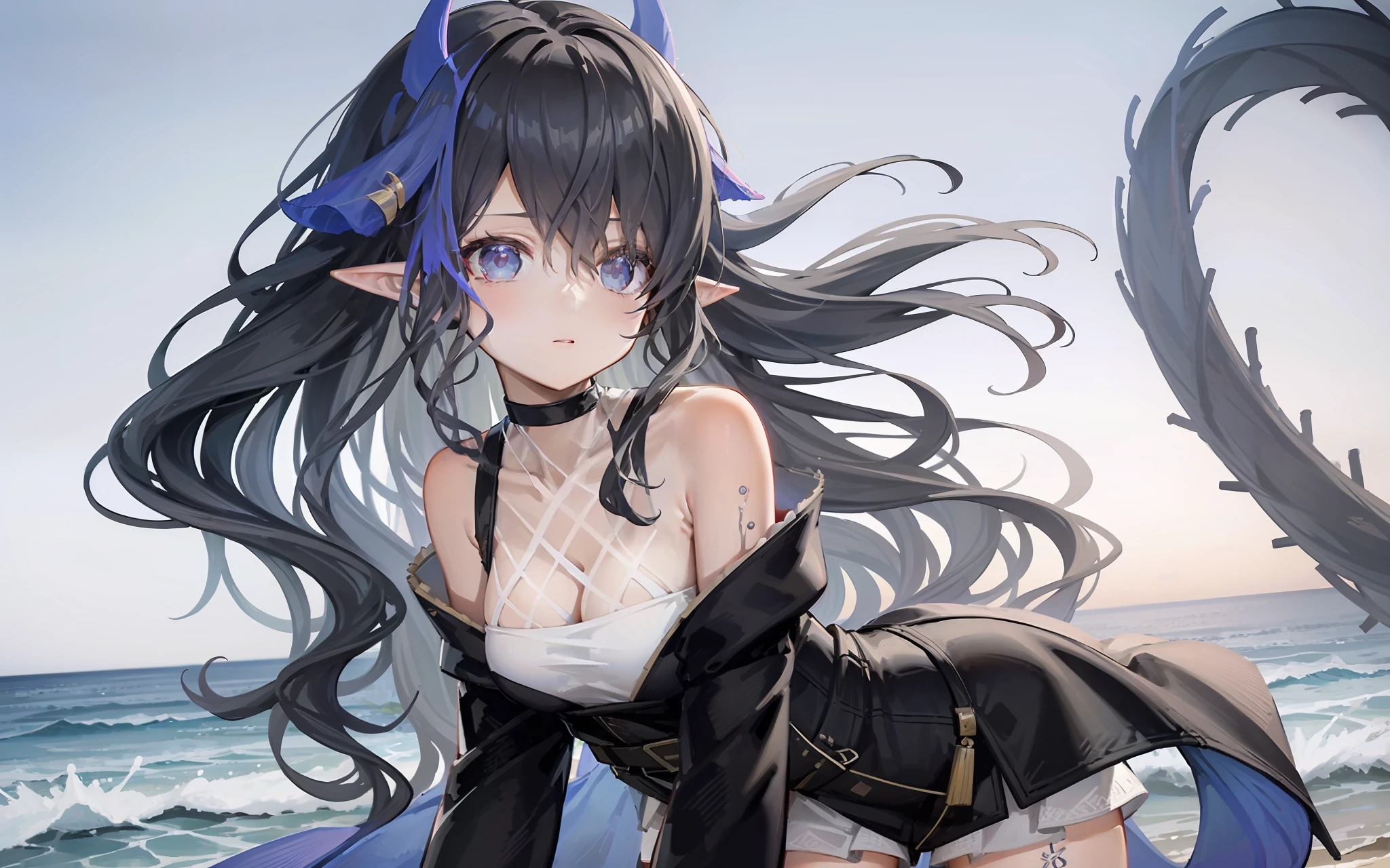 masterpiece, perfect, 1girl, long hair, white thighhighs, black hair,coral,pointy ears, blue horns,grey eyes, blue eyes, multicolored hair,head fins, standing pose, beach background, perfect lighting, perfect light condition
