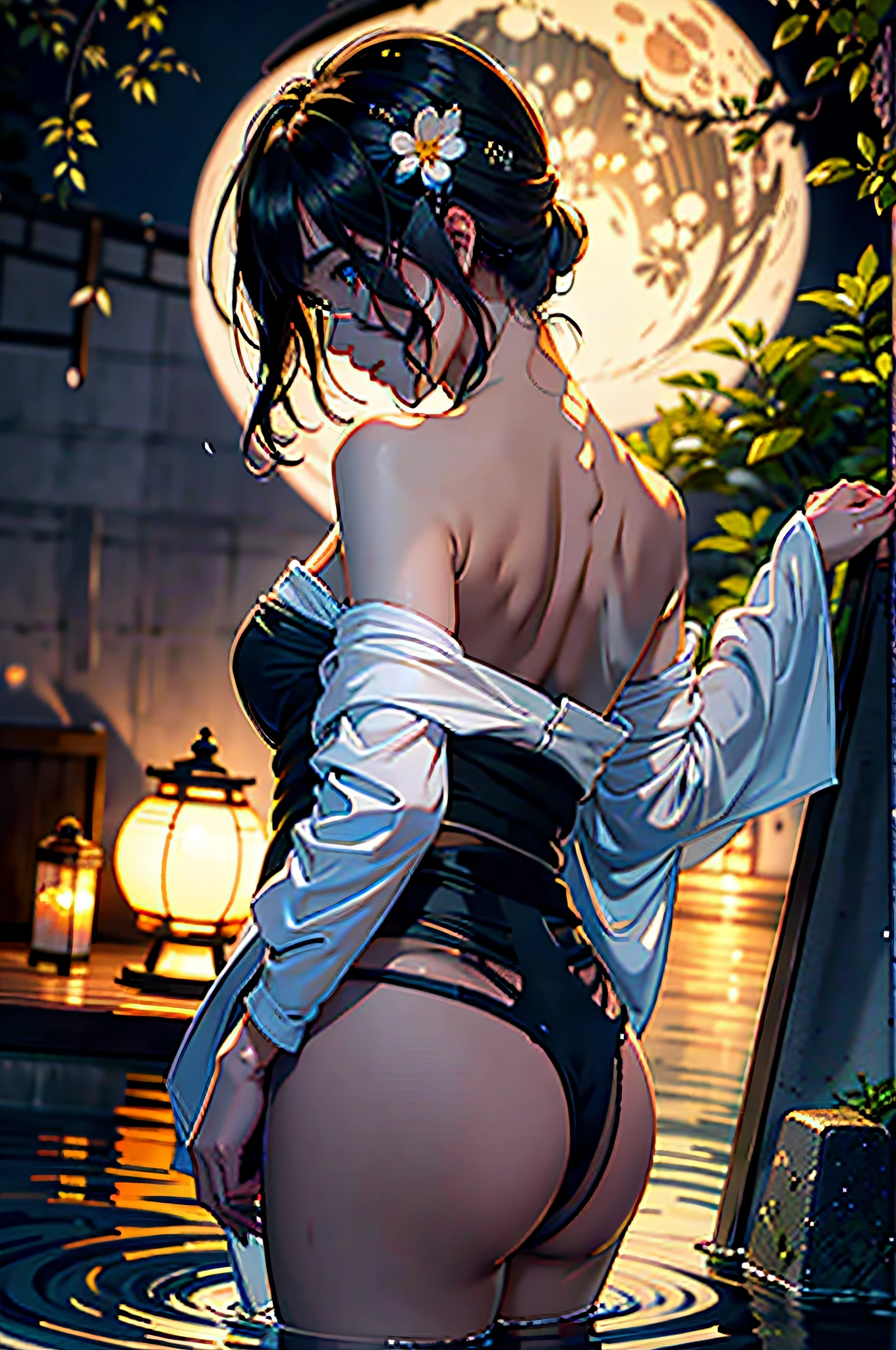 1girl, breasts, moon, lantern, night, solo, large breasts, hair ornament, wet, kimono, japanese clothes, wading, water, hair flower, flower, outdoors, sky, full moon, rain, black hair, off shoulder, mountain, cloud, holding, sash, bare shoulders, paper lantern, standing, white kimono, night sky, sideboob, obi, wet clothes, bangs, tree, from side, reflection, short hair, cloudy sky, wet hair (((masterpiece),(extremely detailed CG unity 8k wallpaper),best quality,,solo,1girl,cinematic lighting,detailed background,beautiful detailed eyes,bright pupils, (an extremely delicate and beautiful),(Beautiful and detailed eye description), ultra-detailed,masterpiece,))