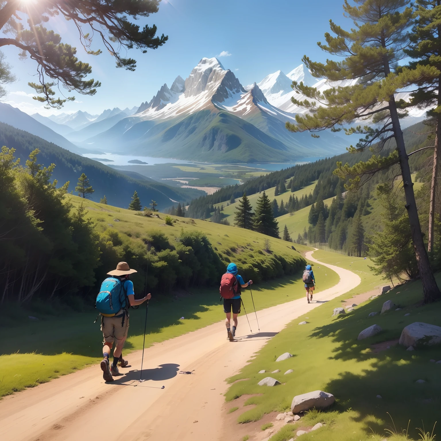 "sunshine, training class, teachers, mountain climbing, together, joyful, nature, hiking gear, backpacks, trekking poles, trail, trees, greenery, blue sky, sunlight, camaraderie, adventure, exploration, laughter, friendship, outdoor activity"