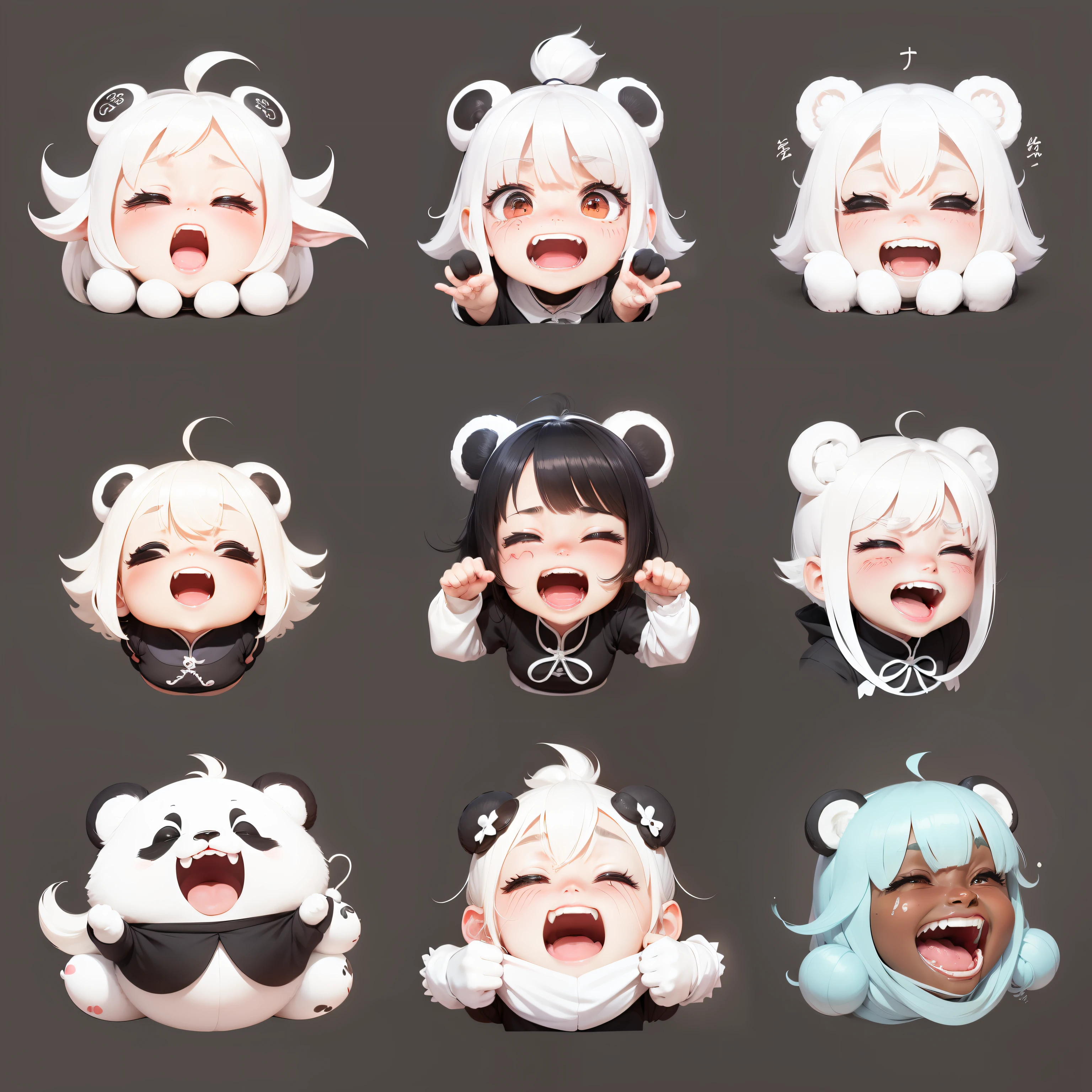 various poses and expressions ,related characters,very excited,laughing wildly ,scared,proudhumiliated,sad,angry,very anxious,-niji 5 --style cute,white background,low color,alk illustration , Chinese panda super cute ,variousposes and expressions ,very excited,laughing wildlyscared,proud,humiliated ,sad,angry, veryanxious , white background ,related characters ,lowsaturation color matching --ar 3:4 --niji 5 --style cute