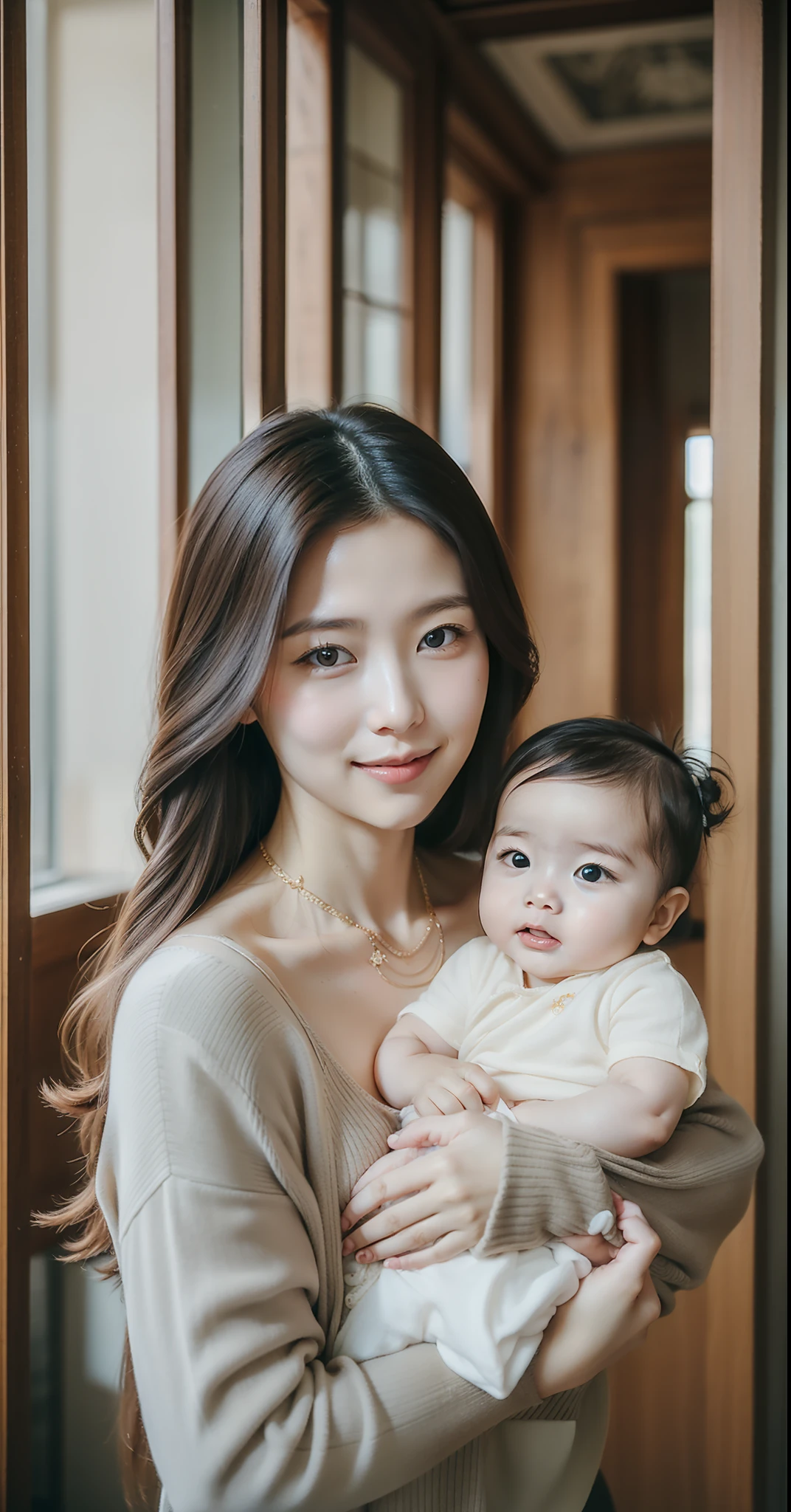 A 28-year-old Korean exquisite woman，Wearing a necklace，Holding a newborn baby，