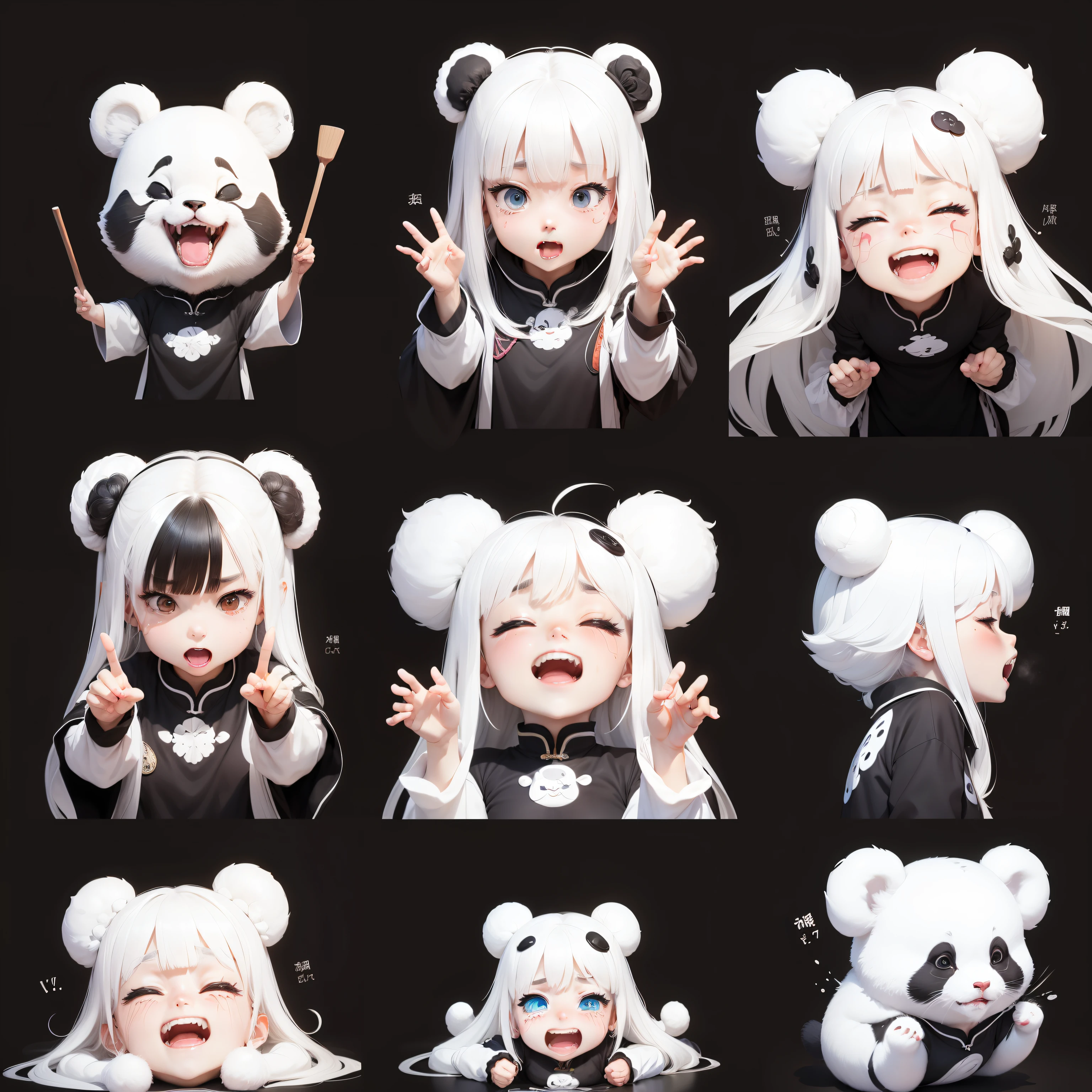 various poses and expressions ,related characters,very excited,laughing wildly ,scared,proudhumiliated,sad,angry,very anxious,-niji 5 --style cute,white background,low color,alk illustration , Chinese panda super cute ,variousposes and expressions ,very excited,laughing wildlyscared,proud,humiliated ,sad,angry, veryanxious , white background ,related characters ,lowsaturation color matching --ar 3:4 --niji 5 --style cute
