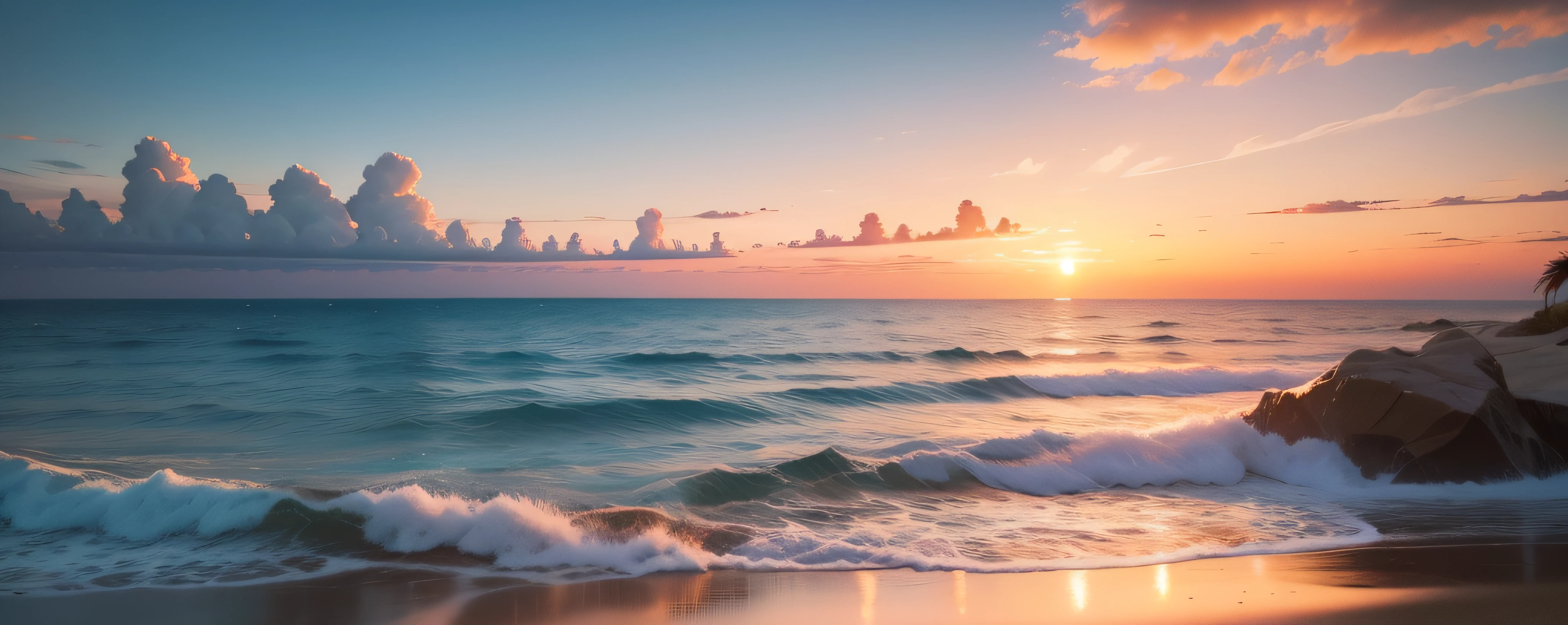 An absolutely mesmerizing sunset over the beach, with a mix of oranges, pinks and yellows filling the sky. The crystal clear waters of the sea gently kiss the shore, with a white sandy beach stretching far and wide. The scene is dynamic and breathtaking, with seagulls flying high in the sky and palm trees gently swaying. Enjoy the relaxing atmosphere and let the peace flood you.