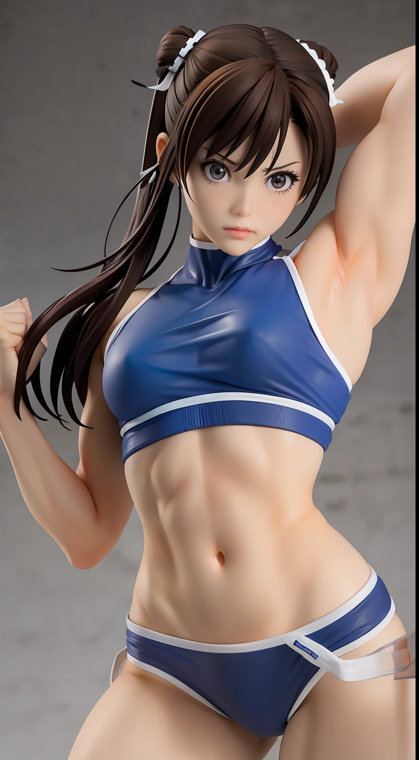 (Street Fighter Chunli),(Chun Li's classic look),(Two white buns 1.2)Defeated Chun-Li,Broken top,Half of the chest is exposed,Muscular woman posing for a photo, Crop top and(Abs), (Small chest 1.2),(Sexy clothing 1.2),Fitness woman, Perfect muscle structure, athletic body build, Sexy muscles, Body movement,Attractive body,(Rugged 135 lens,Lower photographic angle,Studio lighting