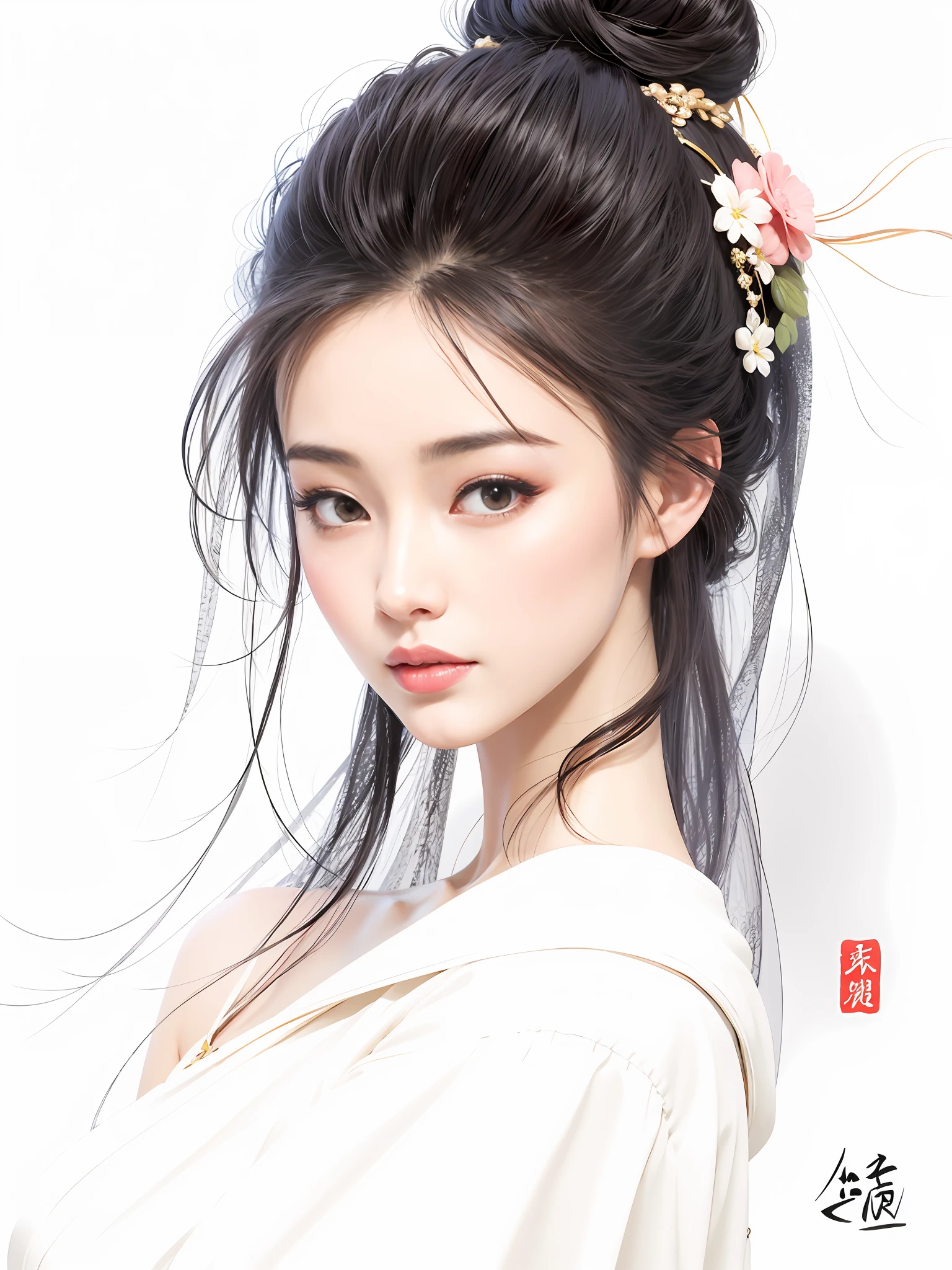 Close-up of Li Bingbing with hair tied in a bun, beautiful character painting, beautiful anime portrait, palace, girl in hanfu, fanqi, Zhongyuanjie, stunning  face portrait, beautiful artwork illustration