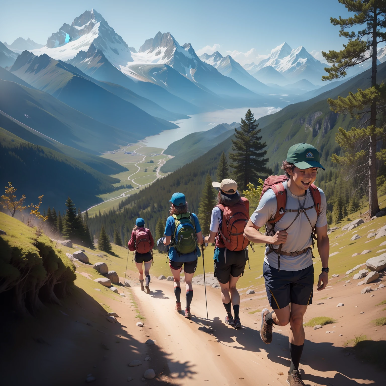 "sunshine, training class, teachers, mountain climbing, together, joyful, nature, hiking gear, backpacks, trekking poles, trail, trees, greenery, blue sky, sunlight, camaraderie, adventure, exploration, laughter, friendship, outdoor activity"