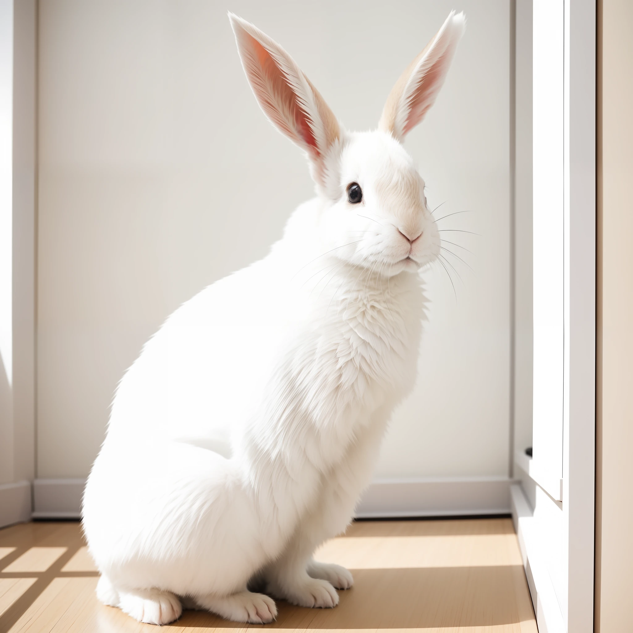 RAW photos，absurderes，high qulity，realisticlying，
Rabbit looks at the audience， inside in room， janelas， rays of sunshine，
8K  UHD、digital SLR camera、filmgrain、FUJI XT3、20 megapixels、the detail、sharp fokus、