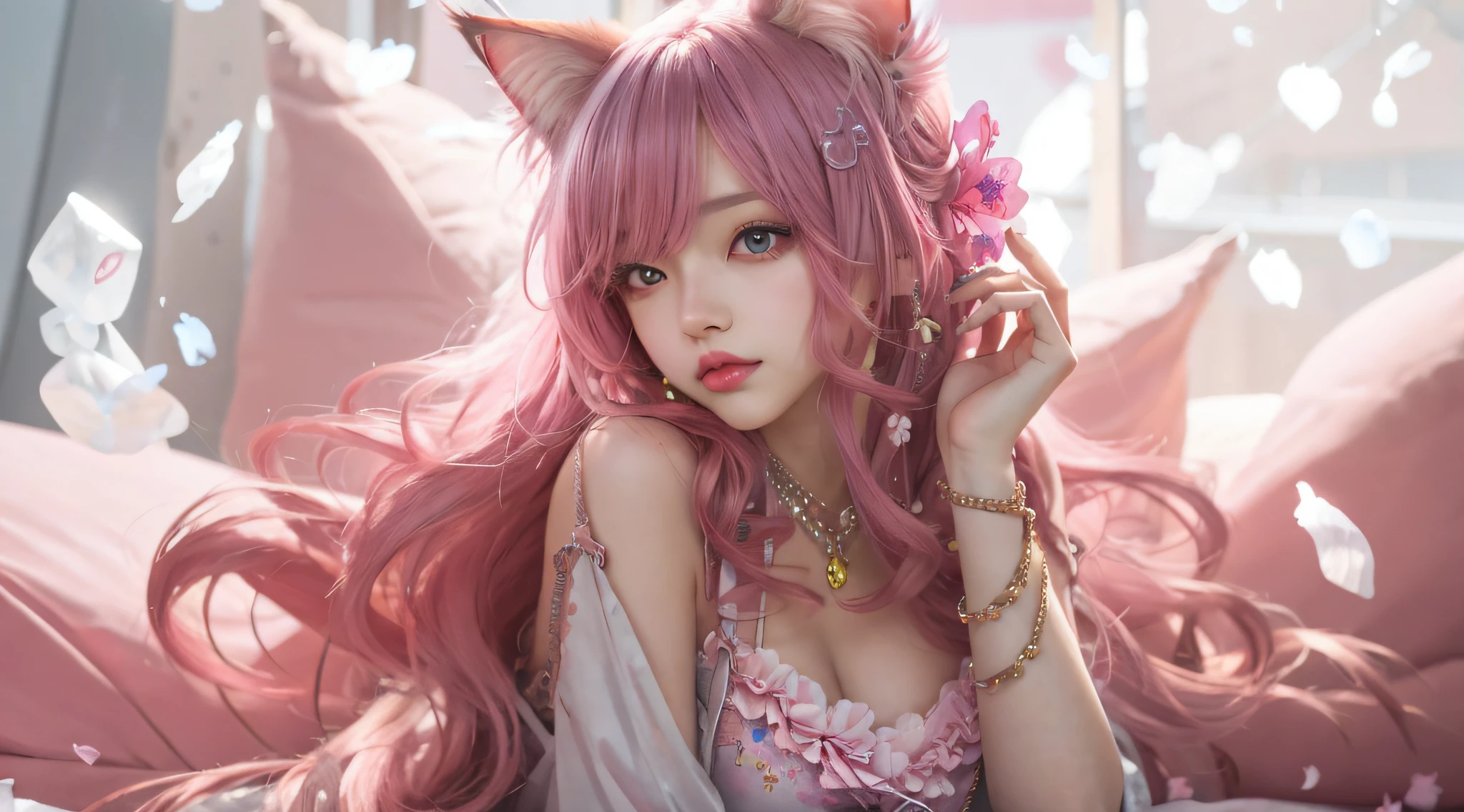 anime girl with pink hair and pink flowers in her hair, beautiful anime catgirl, Very beautiful anime cat girl, very beautiful cute catgirl, beautiful fantasy anime, anime girl with cat ears, Guviz, Beautiful anime girl, style of anime4 K, Anime fantasy artwork, anime catgirl, cute anime catgirl, Beautiful anime style, anime cat, Anime fantasy illustration
