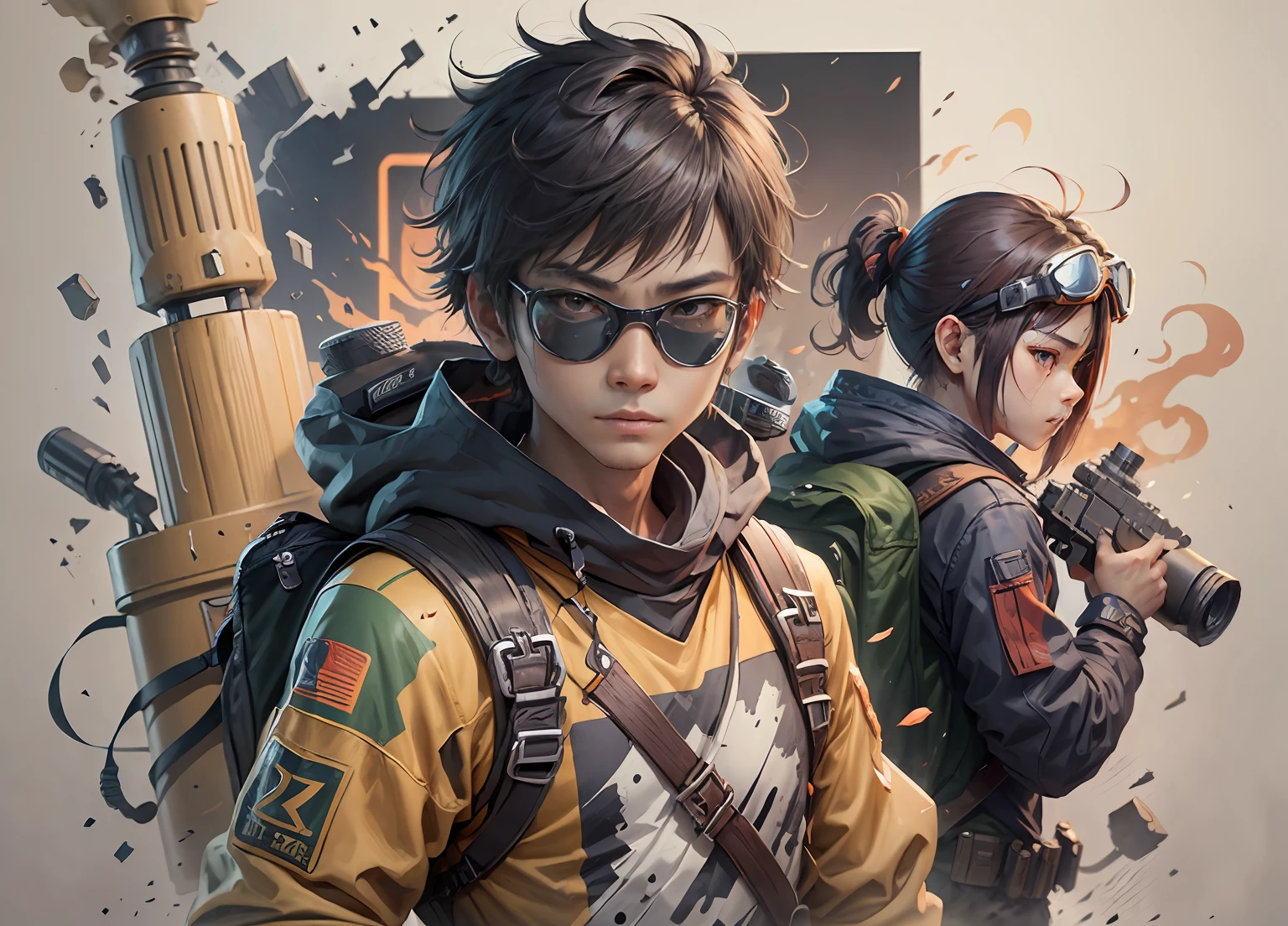 clew：
Role transition
drawing，Three View，finish
body，Long Gun，Game characters
devise，Lovely warrior，Chinese boy
Wear goggles and a backpack，Victorizo ∨ TSE ∨，orange
background,--AR 16：12 - Style
expression