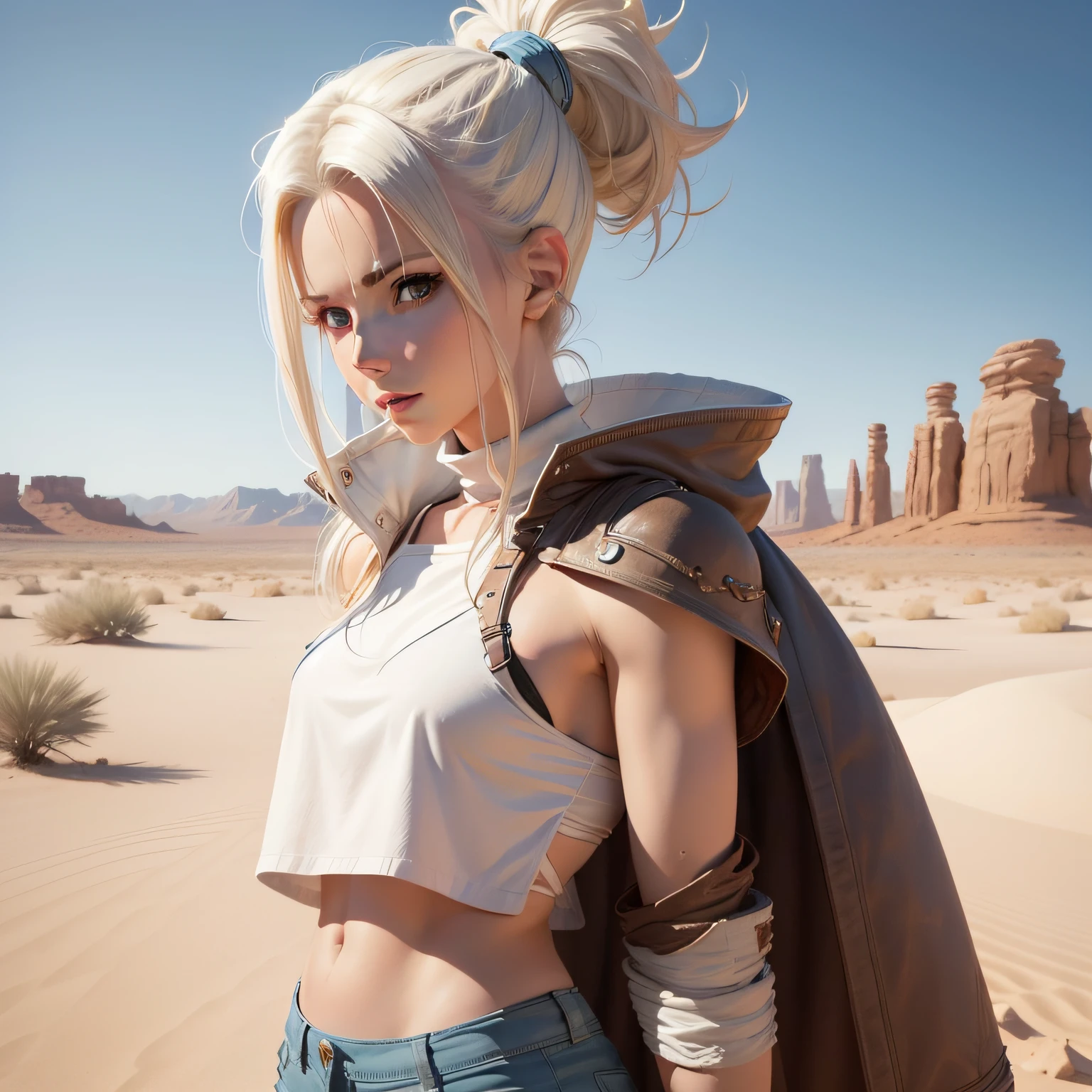 Blonde woman in white top and blue shorts poses in desert, Tifa Lockhart with white hair, in a desert, Perfect white haired girl, in a desert,