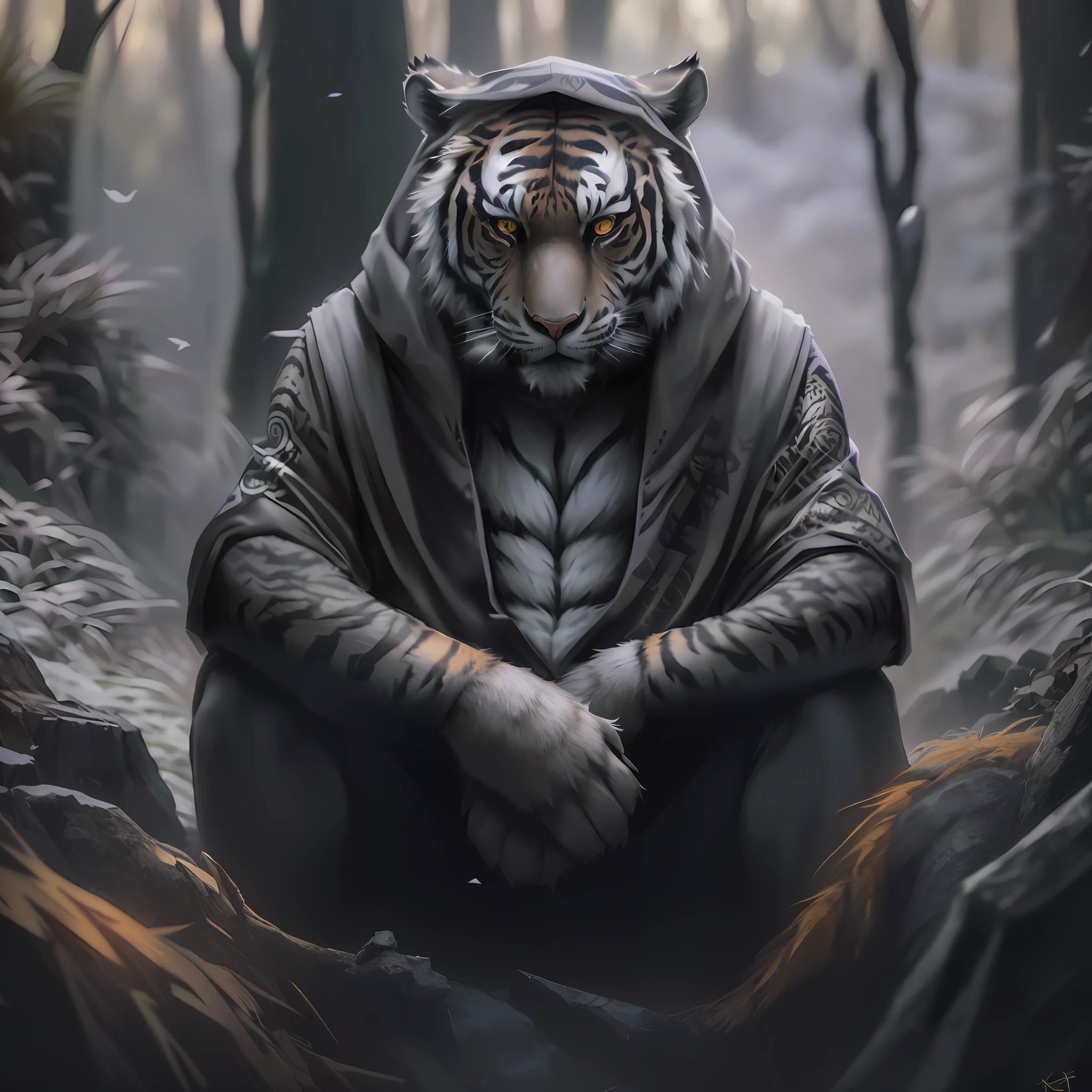 Close up of tiger in forest hoodie, Tiger_beast, Anthropomorphic tiger, sacred tiger, ((Tiger)), Tiger, intricate ornate anime cgi style, a wizard battling a tiger, one tiger, great digital art with details, in a menacing pose, Kerem couplet, Threatening expression, sitting with legs crossed, claws should be clear and fierce