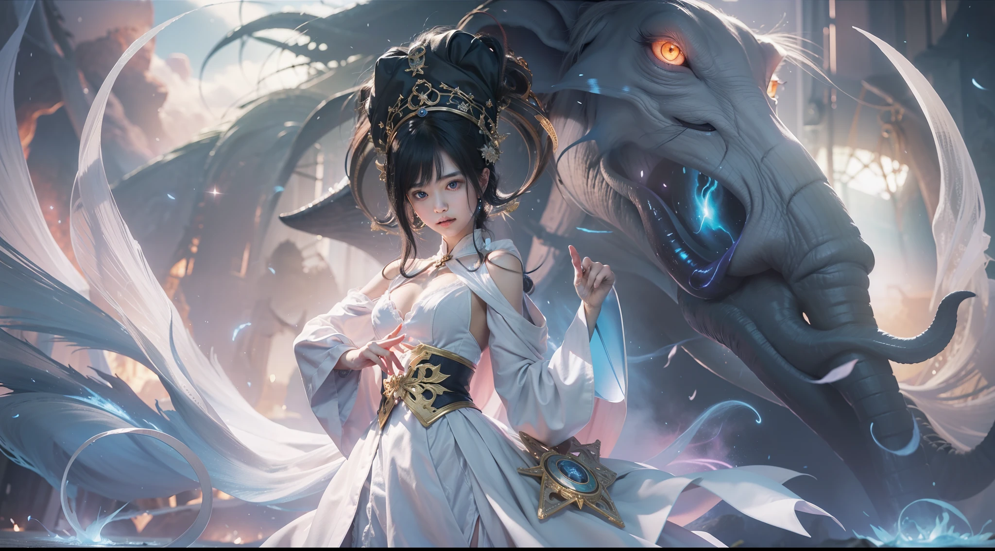 Magic Book,Blood,Night, Dark, (Fantasy),infinite,deep blue sky,The abyss of knowledge,Cowledge,((masutepiece)), (((Best Quality))),((Beautiful fine eyes)),(Eye lashes)、Very beautiful face、Beautiful girl riding a huge white elephant、(女の子1人)、Black hair、The long-haired、abyss eyes、glowy skin、oils、small tits、Perfect human body structure、Wizard robes、tattered cloth、Realistic coat、Teenchi、Super delicate CG Unity 32k wallpaper、​masterpiece, ((ultra-detailliert)), ((illustratio)),colourfull,wall-paper,The energy,Unknown terror,Incomprehensible,Around the magic,Magical surroundings,magic wands,Boken,Flying pages,Know everything,Predict the future、Get to know the past、Infinite wisdom、blue flames、Warlock、magic circles、Pentagram、Spells、mantra、Singing magic