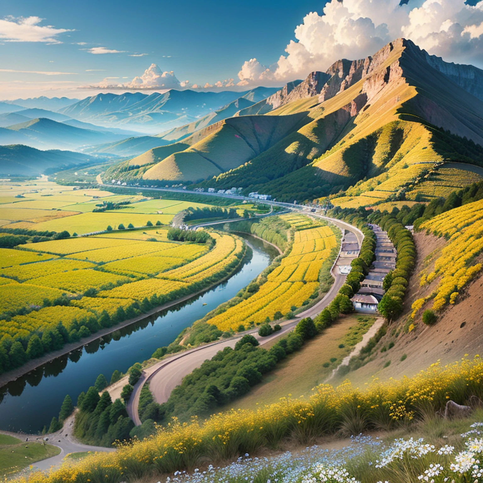 springtime，Peach blossoms on the mountain，Apricot，Canola flowers in the plains below the mountain，There are many white clouds，blue-sky