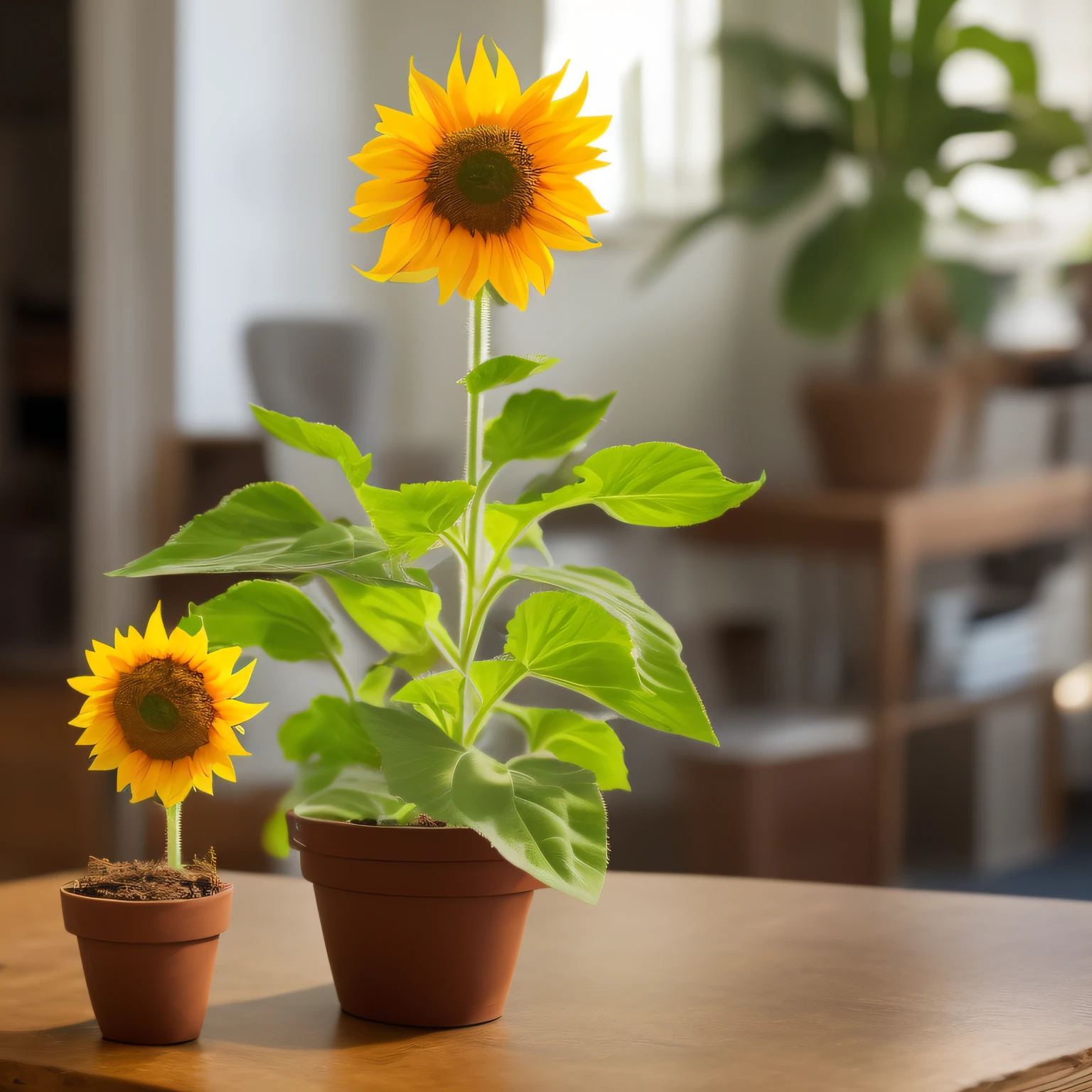 potted plant: Sunflower wearing sunglasses，ssmile，adolable, On the table in the bedroom，Sunlight slanting，high detal, 4K