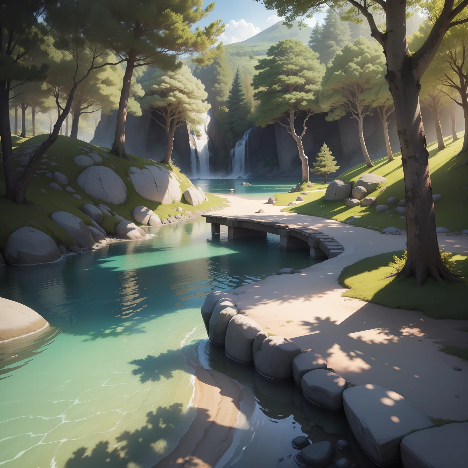 Landscape: An island, full of trees, stones, sand, water, sunlight, shadows