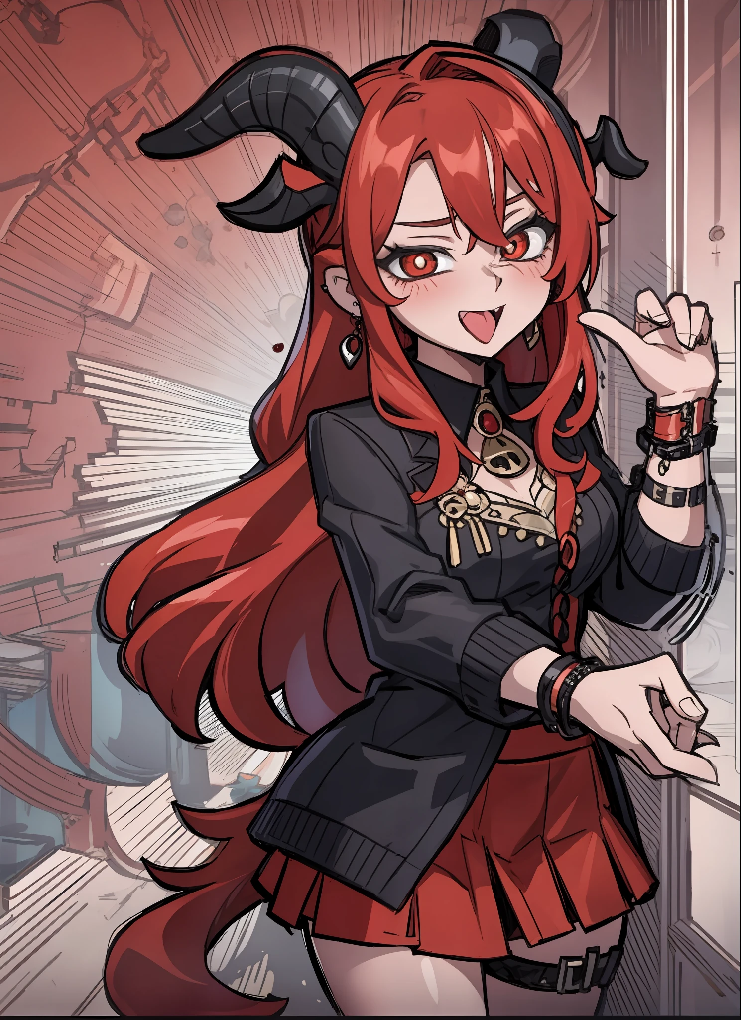chibi, long red hair, red pupils, jewelry, blushing, cute, Open Mouth Wide, Tongue Out, rolling eyes, black earring, miniskirt, goat horn