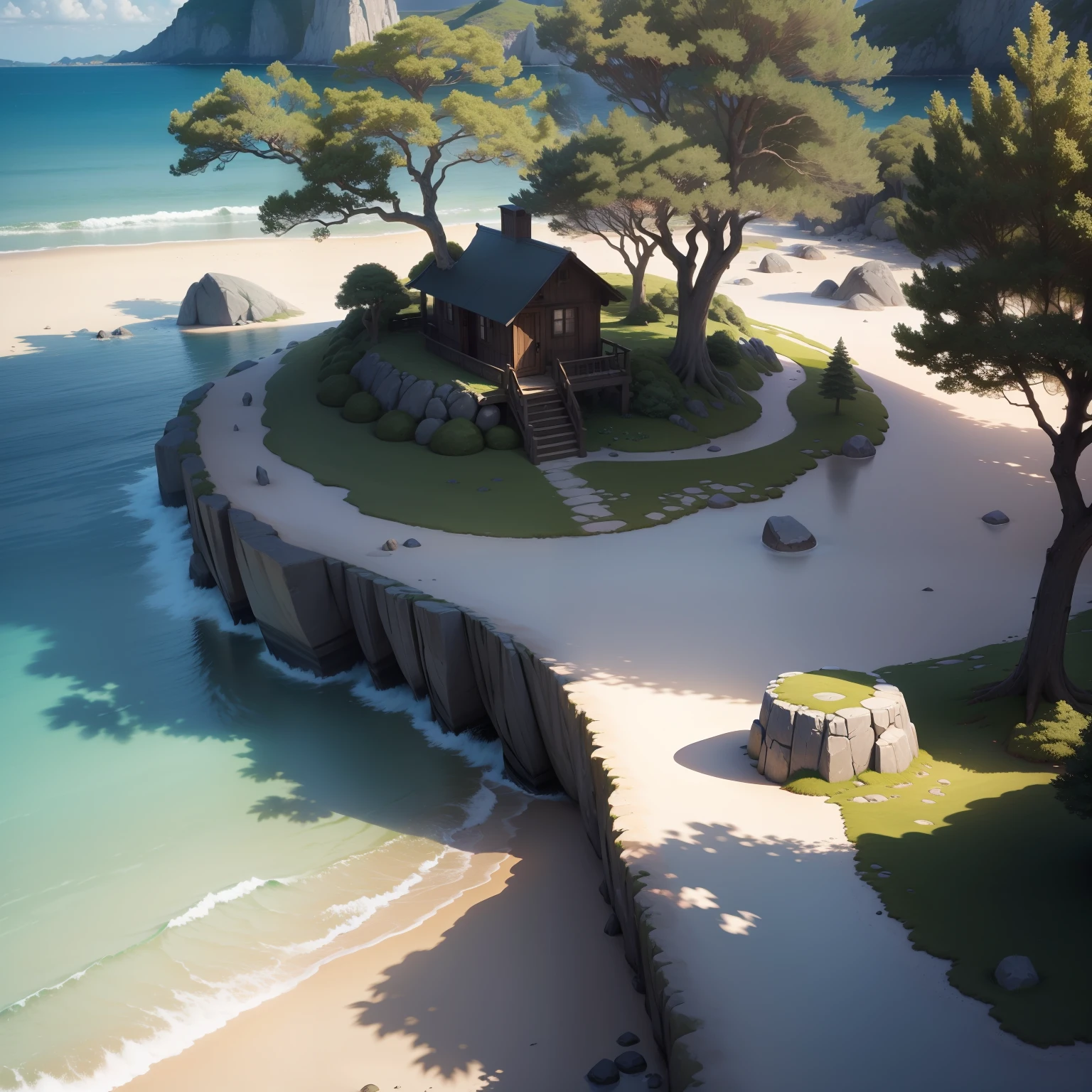 Landscape: An island, full of trees, stones, sand, water, sunlight, shadows