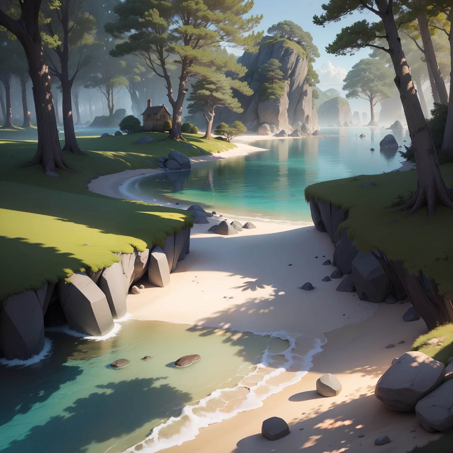 Landscape: An island, full of trees, stones, sand, water, sunlight, shadows
