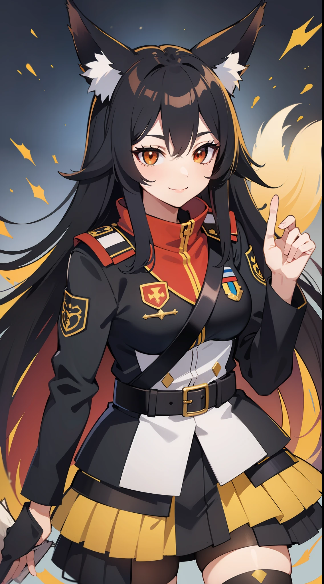 Adult woman, Long black hair, Fox ears, Yellow and red eyes, Fox tails, Combat uniform, Smile, Masterpiece, hiquality