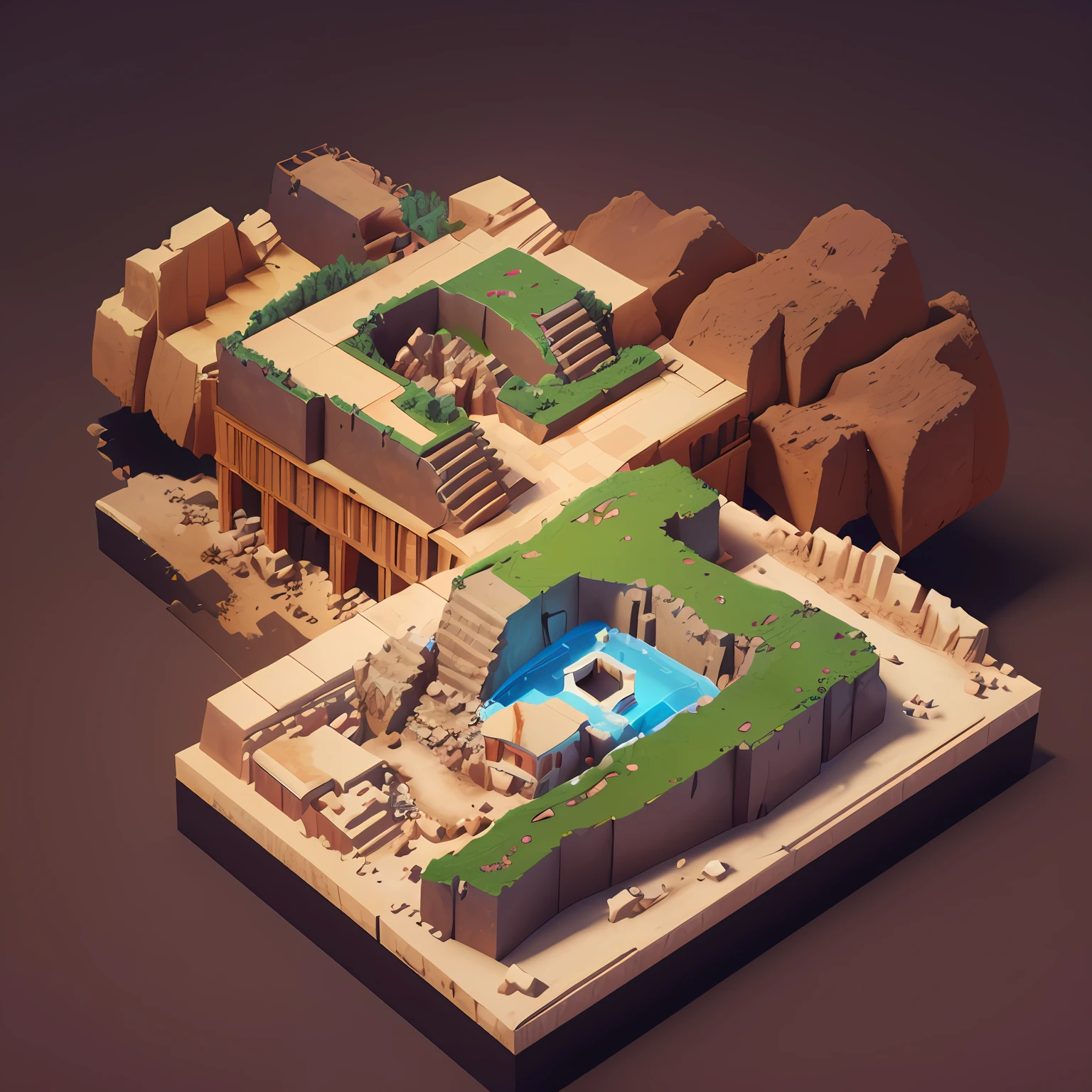 (Isometric perspective:1.5), (pixar-style:1.2), Various pits and piles of ore residues excavated in the mine, Mine caves, Mine, Waste residue, mound, Ore pile, Stones, Mining equipment, Global illumination, Ray traching, Modeling, HDR, Octane rendering, unreal render, behance, dribbble, artstation, best qualtiy, 8k,