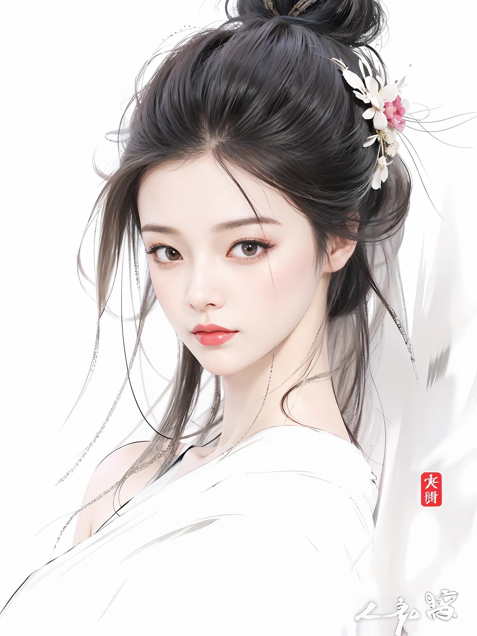 Close-up of Gong Li with hair tied in a bun, beautiful character painting, beautiful anime portrait, palace, girl in hanfu, fanqi, Zhongyuanjie, stunning  face portrait, beautiful artwork illustration