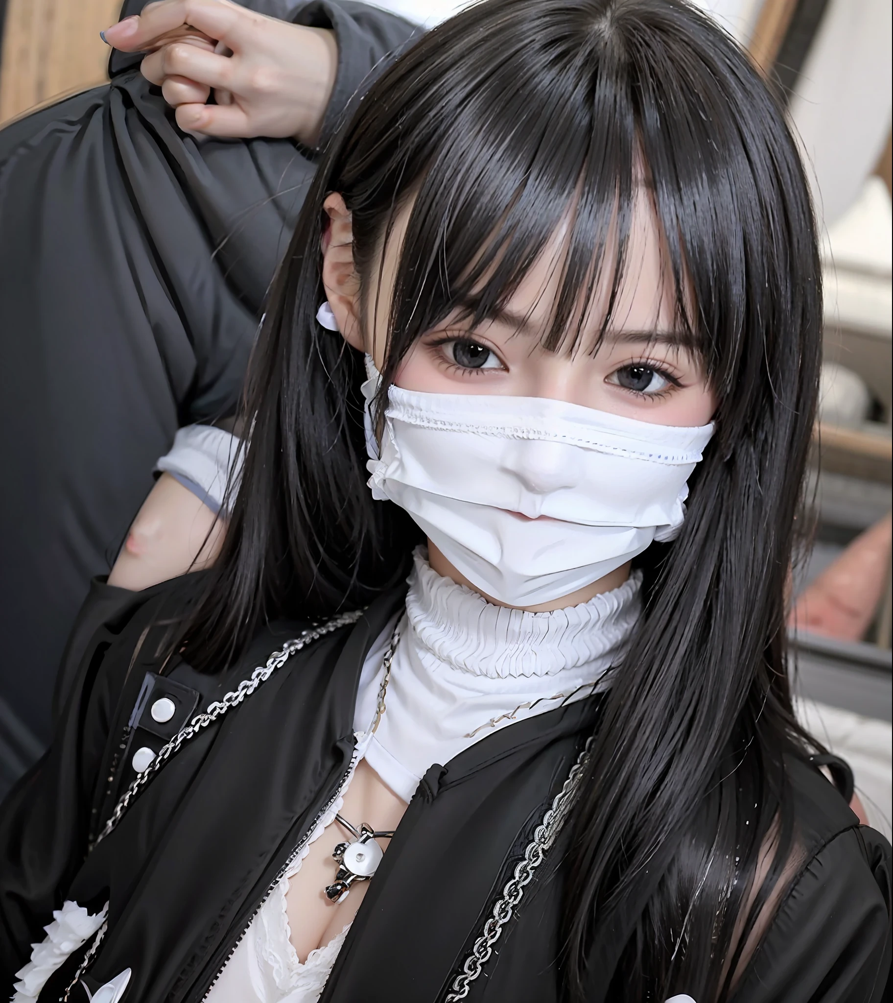 (8k, RAW photo, best quality, masterpiece:1.2), yjnn, 1girl, 3d, asian, bangs, bare_shoulders, bow, bra, chest, brown_eyes, brown_hair, cleavage, grey_background, lips, long_hair, long_sleeves, looking_at_viewer, medium_breasts, navel, nose, off_shoulder, open_clothes, open_shirt, panties, realistic, shirt, solo, stomach, underwear, undressing, upper_body, white_bra, white_panties, white_shirt,Shiny skin, beautiful delicate face, beautiful delicate eyes ,(realistic, photo realistic:1),Lie down on the bed