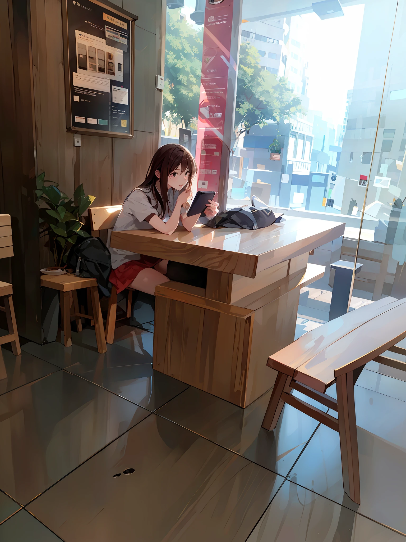 sitting alone in a cafe, in a coffee shop, goddess checking her phone,4K high quality