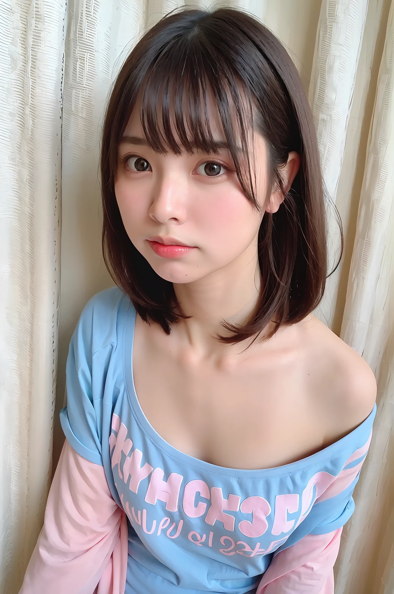 ​masterpiece,high-level image quality,hightquality,A Japanese Lady,small and thin face,Perfect body,Erotic look,A detailed eye,Photorealsitic,bob cuts,kawaii,(cleavage of the breast:1.3)、tshirts