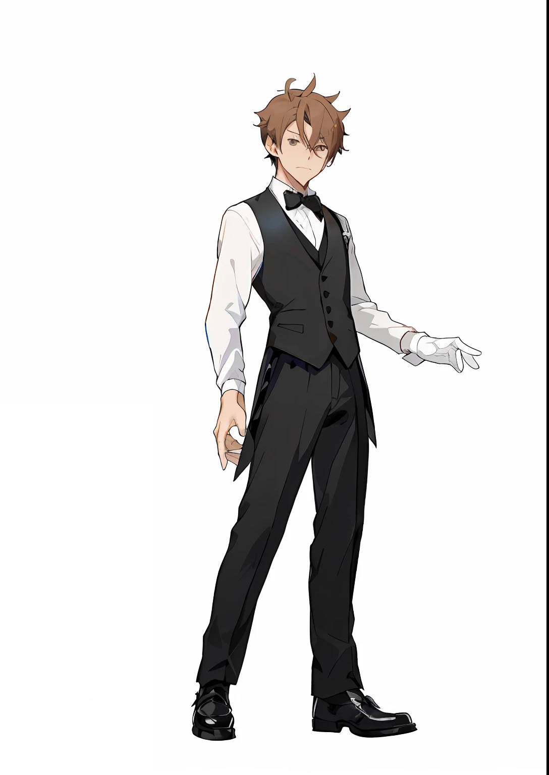 Anime characters dressed in formal attire,Tie a bow tie, New Xiangcheng, official character art, honest, tetsuya nomura, kazuma kaneko, Single character full body, spears, ( ( concept art of character ) ), Main character, Shinkai sincerely, tanaka suguru, dapper, Formal attire, male anime character, Mai Yoneyama