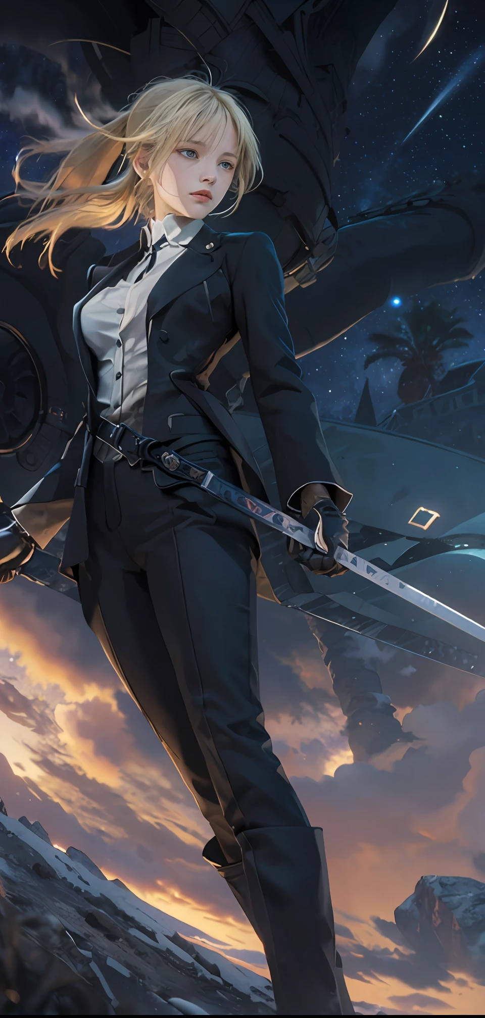 ((masterpiece:1.2, best quality)), realistic, 1girl, solo, blood, male focus, looking at viewer, artoria pendragon \(fate\), black (((suit))), black (((pant suit))), (((ponytail))), (((black gloves))), aurora, night, stars (sky), sky, night sky, starry sky, holding Magic Sword, Dark Clouds, Night, model shot, (Impressionism: 1.4), (Tarot: 1.3), Alphonse Mucha,