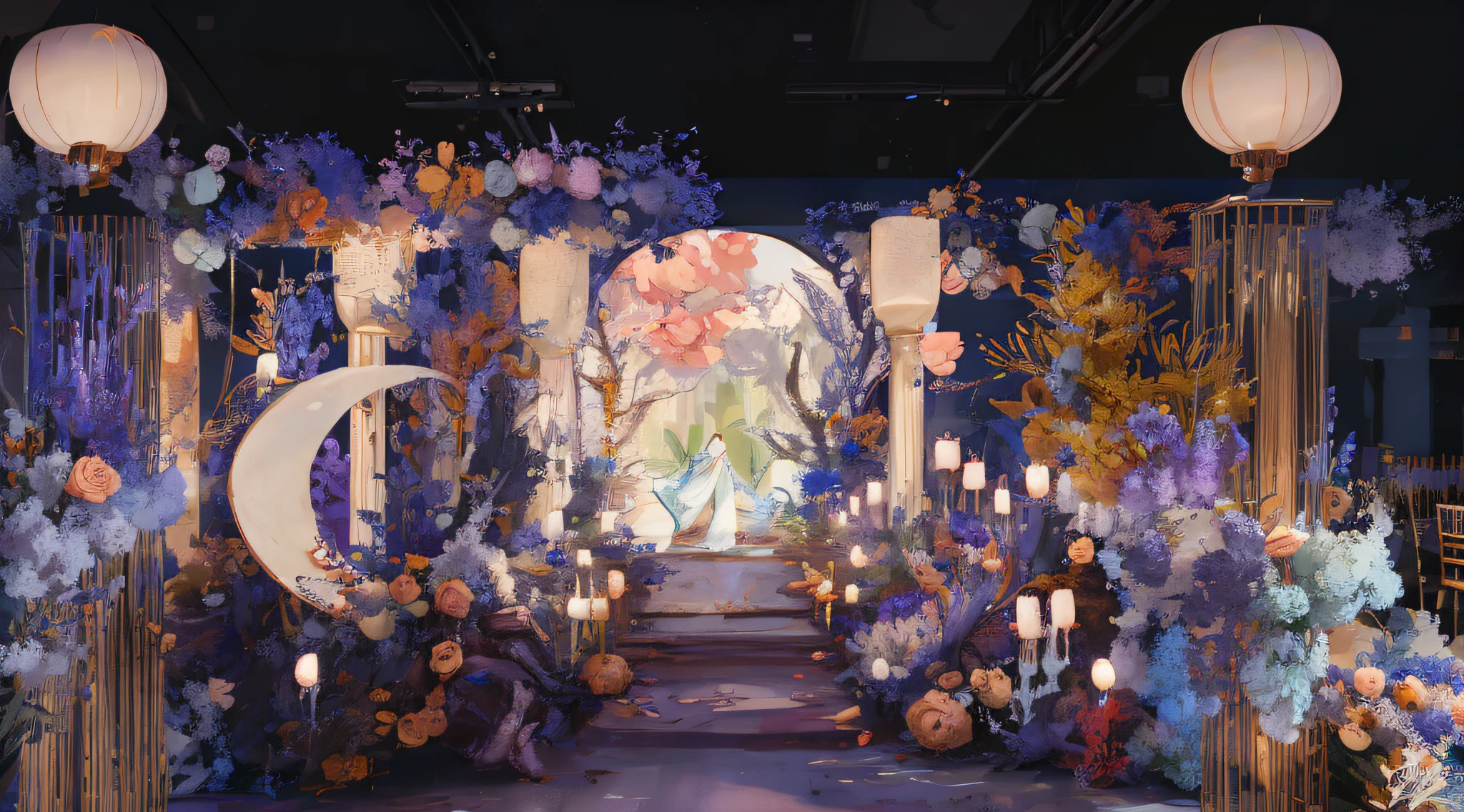 Wedding design，Wedding banquet hall，Interior design，Inspired by Fenghua Zhong，full-colour illustration，Inspired by Lanying，Beautiful artistic illustration，Exquisite setting，florals，waxy candles，Light