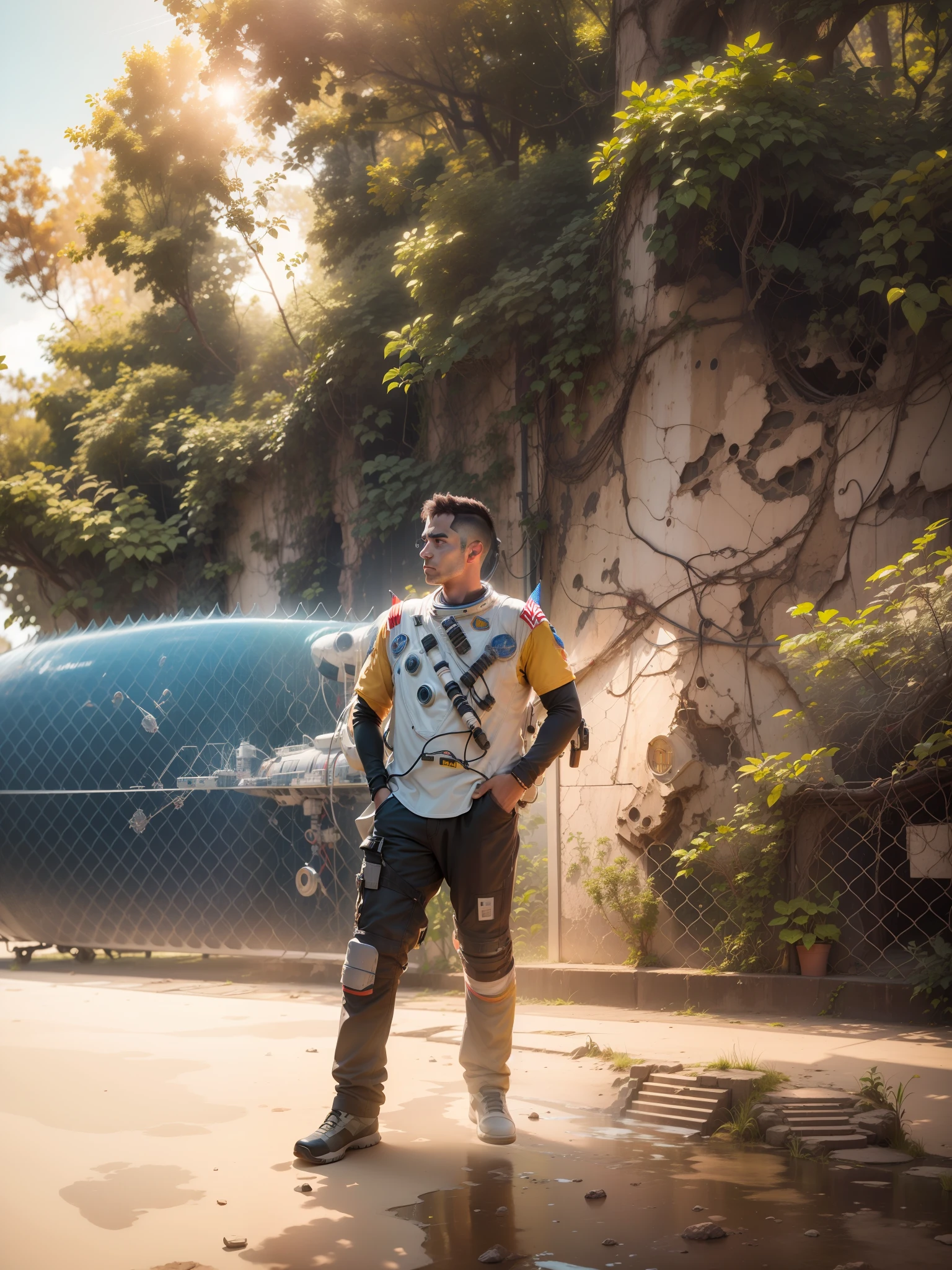 Generate a realistic 8k resolution image of an astronaut standing beside his private spaceship, enhancing the image with intricate lifelike details.