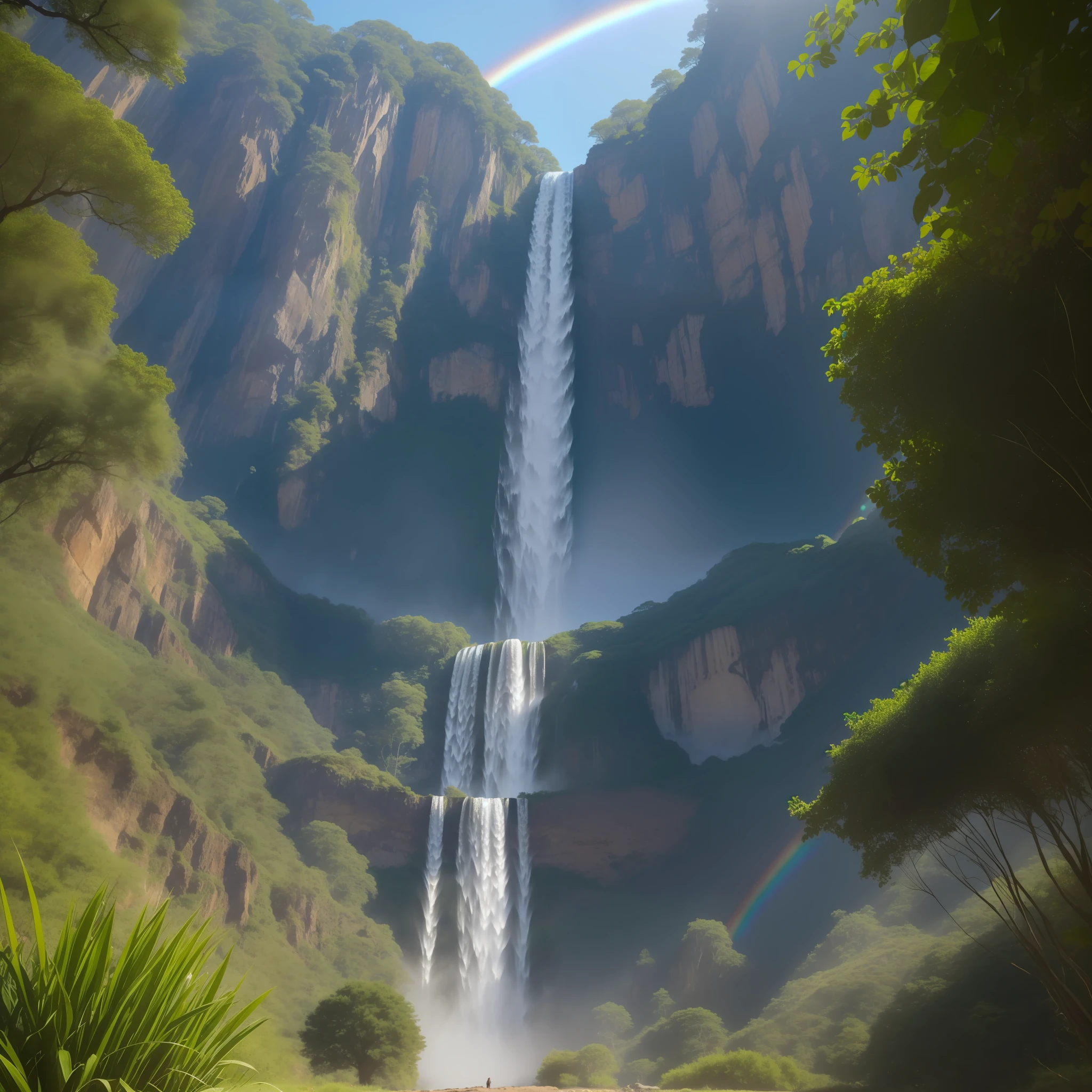 (Looking up at the perspective:1.5),Look from the bottom up,Waterfalls cascade down,rainbowing,The peaks on either side are straight and steep,The grass is luxuriant,A waterhole at the foot of the waterfall,Turquoise and clear,nature scenes,illustrious,photore,k hd,realisticlying
