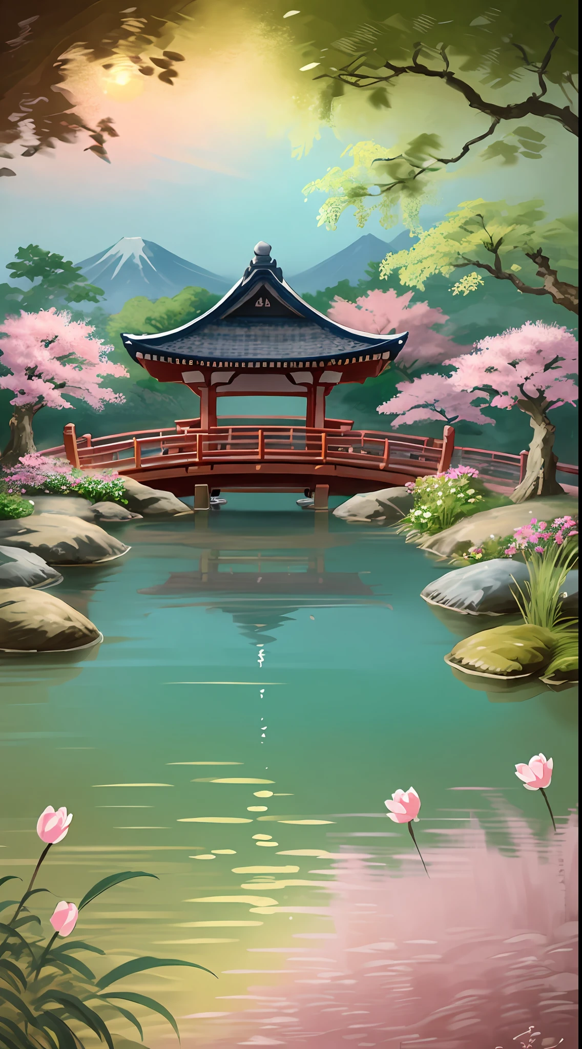 (digital painting),(best quality), (buildings:1.3), serene Japanese garden, cherry blossoms in full bloom, koi pond, footbridge, pagoda, Ukiyo-e art style, Hokusai inspiration, Deviant Art popular, 8k ultra-realistic, pastel color scheme, soft lighting, golden hour, tranquil atmosphere, landscape orientation