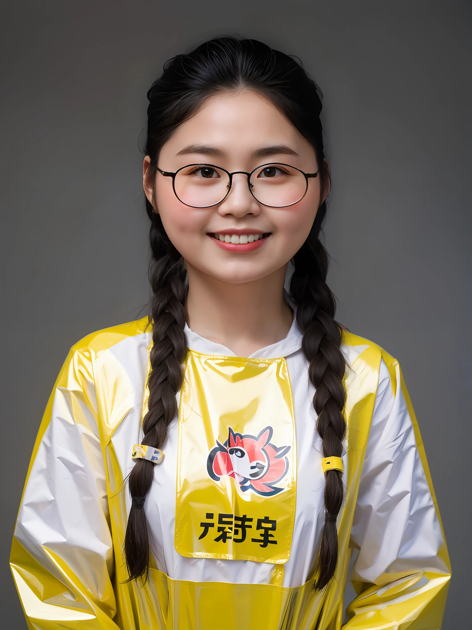 A Chinese high school girl,Wearing yellow PVC casual clothes,Twist braids