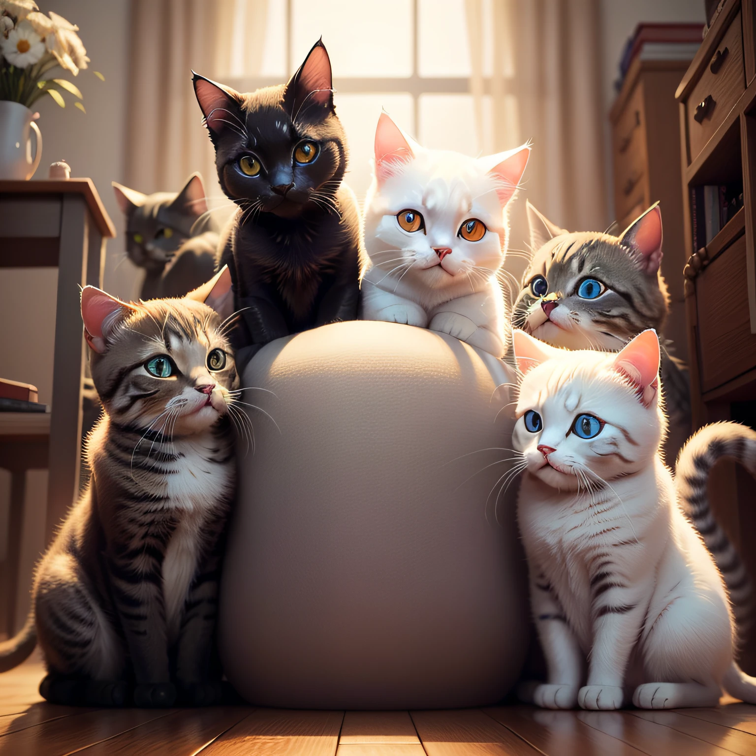 Cute cat, A lot of cats together, beautidful eyes, without humans, Realisticstyle, high quality rendering, Smooth hair, exquisite detailing, Real cats, Surrealism, high detail, super detail, high quality, high details, masterpiece, ccurate
