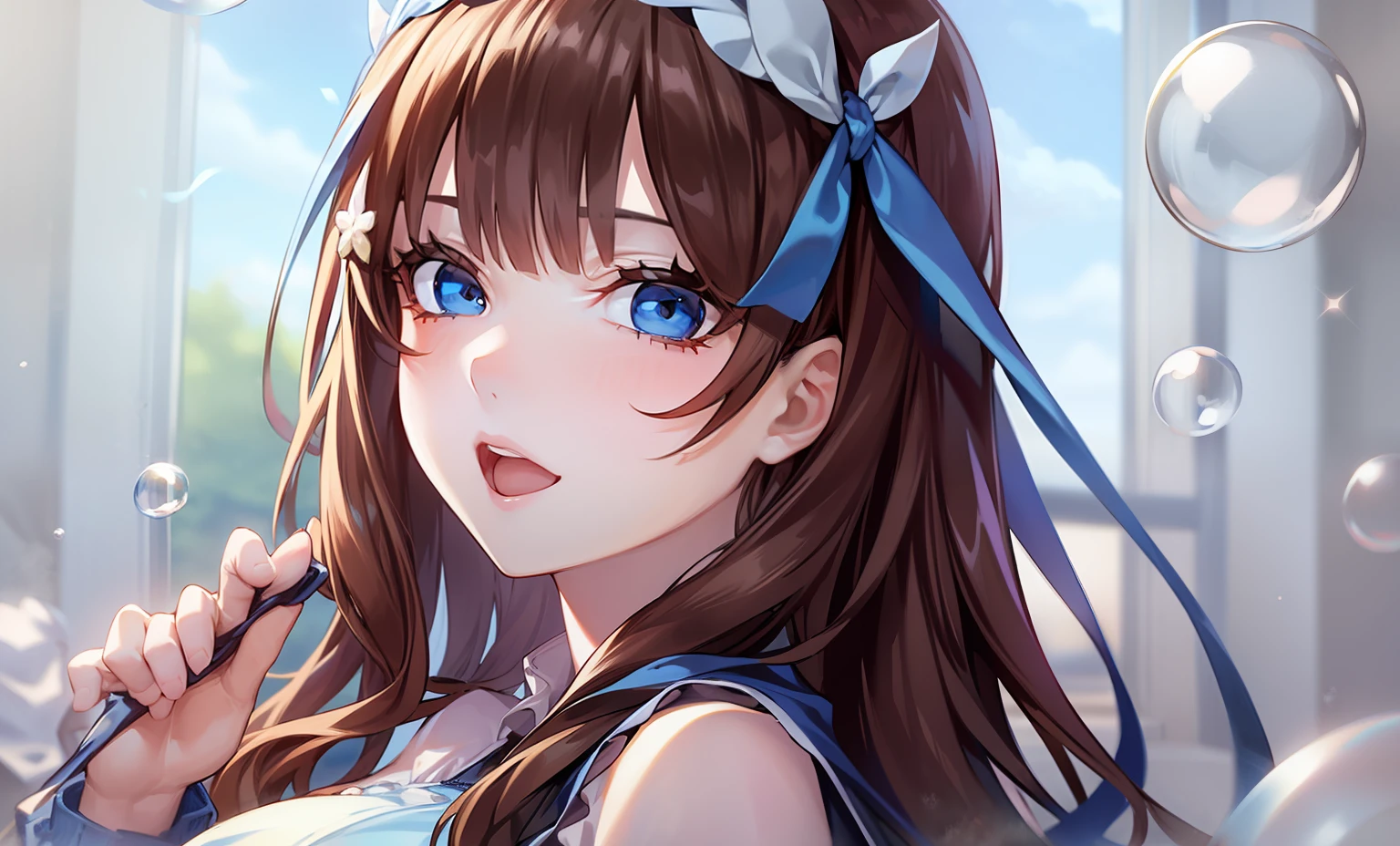 ((Masterpiece)), high quality, super detailed, black hair + blue clothing: 1.2, sweet and delicate girl, delicate facial features, surrounded by bubbles, bright bright colors, pearl white background, romantic long hair, natural light, warm and sweet, brown eyes, pearl hair accessories, streamers, gorgeous hair decoration.
