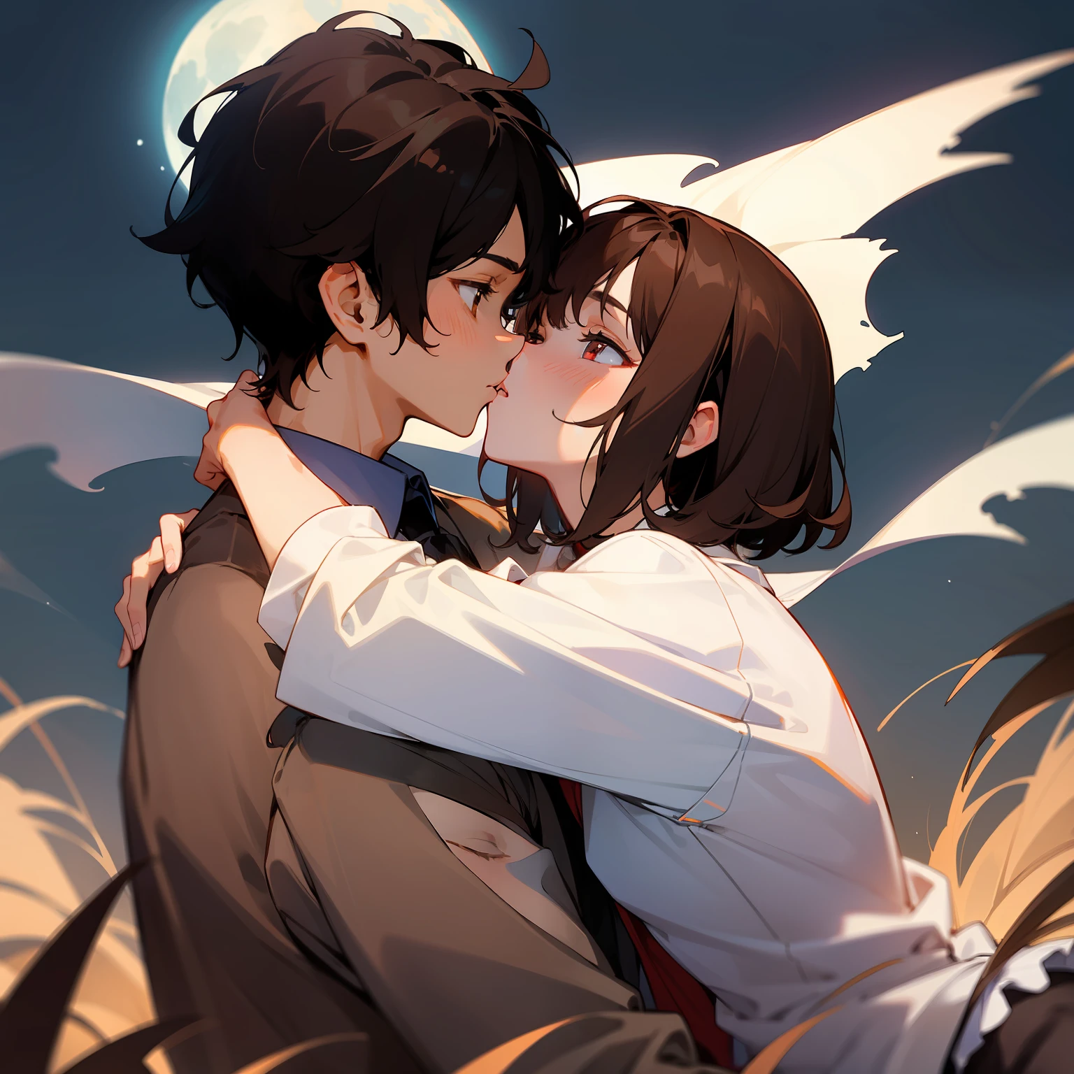 Boys and girls,In the moonlight,kisses,hugs,Boy's loose collared white shirt,Boy with brown hair,Pur,Girl with black hair,brunette color hair,brunette color hair,Black color hair,short detailed hair,effeminate,Be red in the face,With his eyes closed
