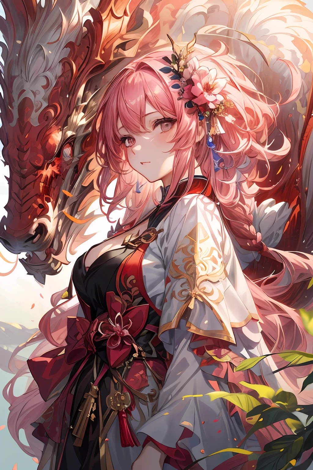 ((absurdres, higher, ultra HD)) anime girl with pink hair and a Chinese pink dragon head beside her, detailed anime artwork, clean detailed ,((detailed:1.2))illustration, guweiz, beautiful ,girl wearing kemono , flower hair accessories detailed key art, artwork, anime visual of a cute girl, trending on artstation pixiv