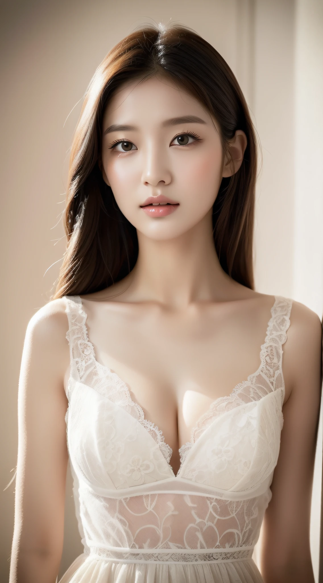 Korean women, goddesses, perfect figure, long hair, delicate skin texture and fabric texture, delicate eye texture, long eyelashes, double eyelids, (chest close-up: 1.4), hotel bed, 8k, highest quality, masterpiece, super high resolution: 1.2, beautiful female photo with the theme of girly elegant style, Arad woman posing for photo in light dress, soft dress, female dress, wearing elegant dress, wide waist, lace fabric, lace bra outside light dress, Elegant dresses, chiffon dresses, dresses, dresses