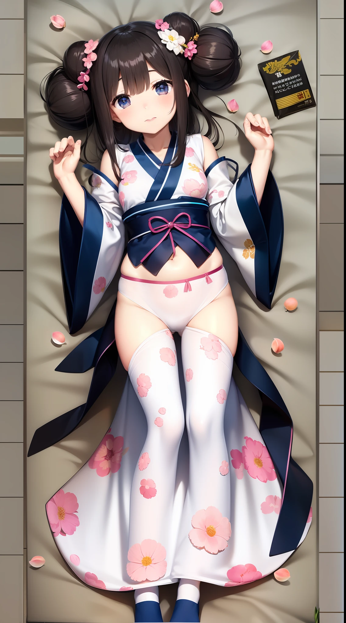 Hanfu，dakimakura，shyexpression，belly-bar，brunette color hair，double buns hairstyle，Ancient socks，Lie down，Peach blossom eyes
