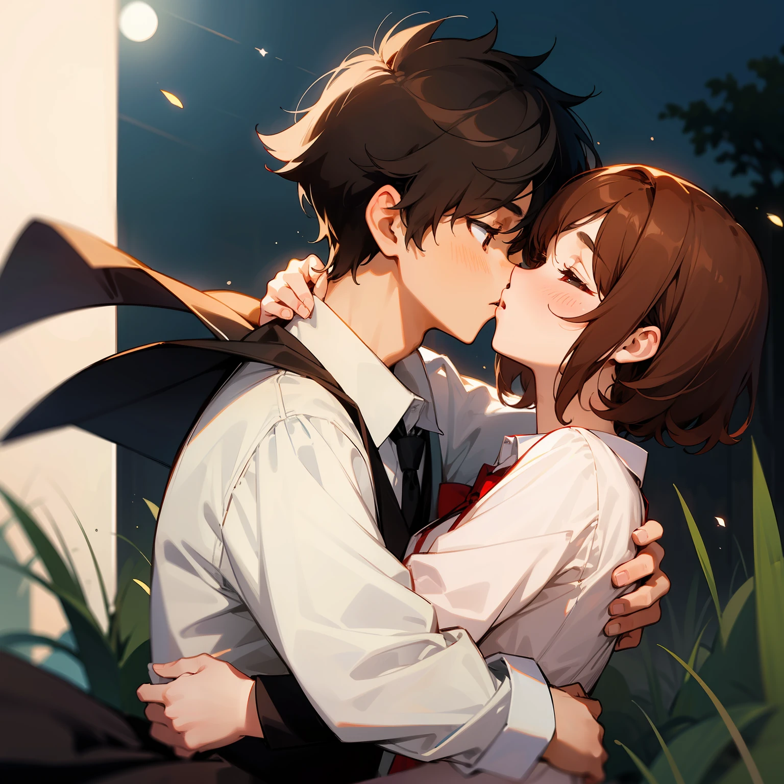 Boys and girls,In the moonlight,kisses,hugs,Boy's loose collared white shirt,Boy with brown hair,Pur,girls,Black color hair,short detailed hair,effeminate,Be red in the face,With his eyes closed