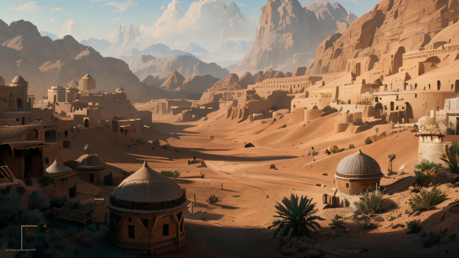 There is a painting of a desert town，The background is a mountain, Concept art wallpaper 4K, Detailed 4K concept art, painterly concept art, desert city, 4K concept art, 4 k concept art, 8 K high detail concept art, concept art 8 k, detailed digital concept art, somewhere in sands of the desert