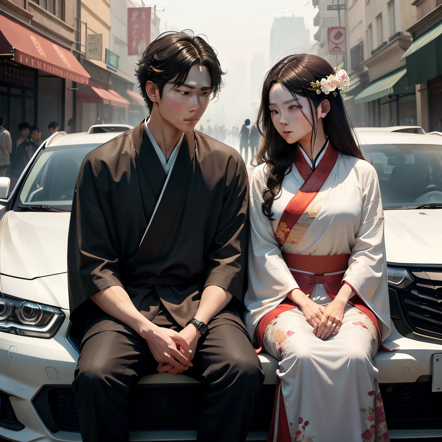 A woman who is，of a guy，The woman rests her head on the man's shoulder,smog，A car next to it，Wearing Hanfu，