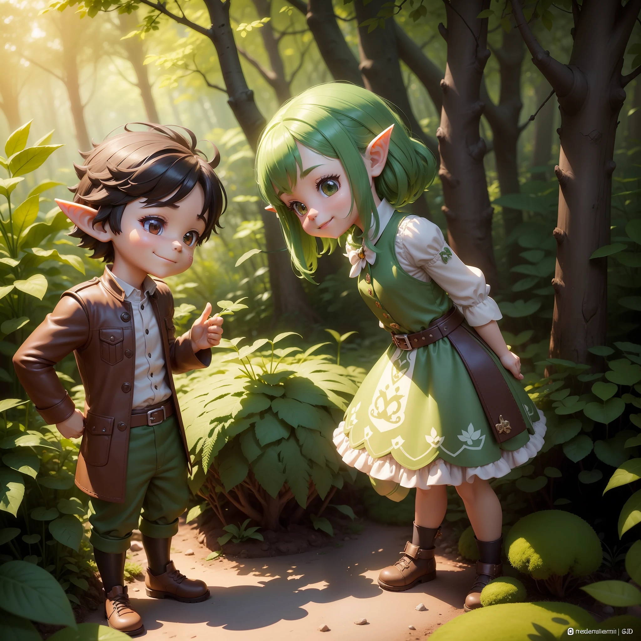 Boy and girl elf in the forest smiling, cute detailed digital art, cute 3d render, Adorable Digital Painting, Advanced Digital Chibi Art, Small characters. unreal enginee 5, high quality character design, Nendoroid Style, Art Station Art for Kids, Cute digital art, Nendoroid 3D