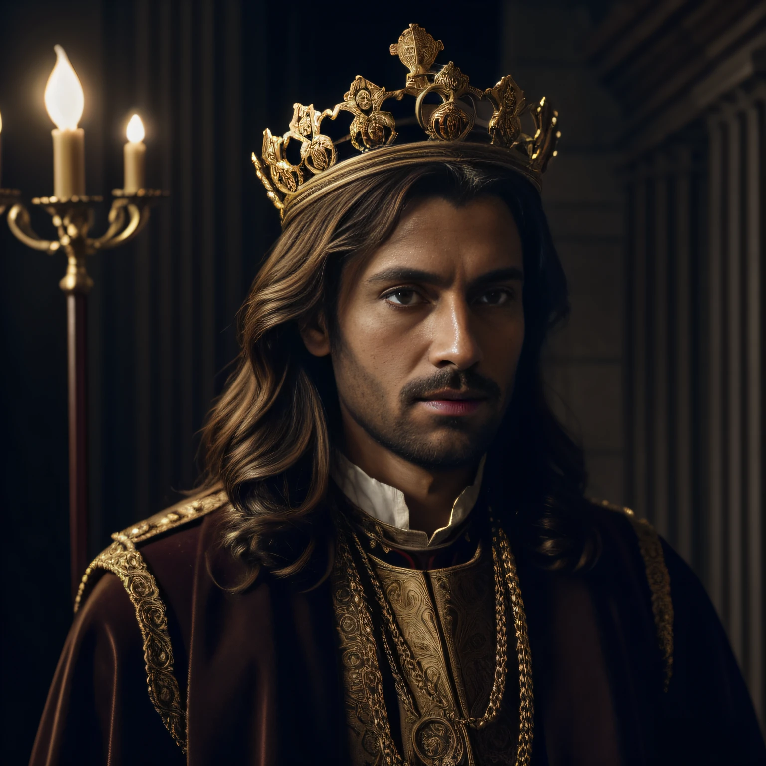 In this photorealistic portrait, King John of England emerges as a figure shrouded in historical intrigue. Dressed in regal attire, he wears a crown symbolizing his authority, while his stern expression reflects the weight of his turbulent reign. Soft studio lighting casts a warm glow on the scene, illuminating the rich textures of his royal garments and the intensity in his gaze. The camera captures the portrait with a 70mm lens, ensuring utmost clarity in every facial feature, enhancing the portrayal's realism. The resolution is set at 4K, allowing for a highly detailed and immersive depiction of this enigmatic historical figure, forever memorializing his role in England's tumultuous past.