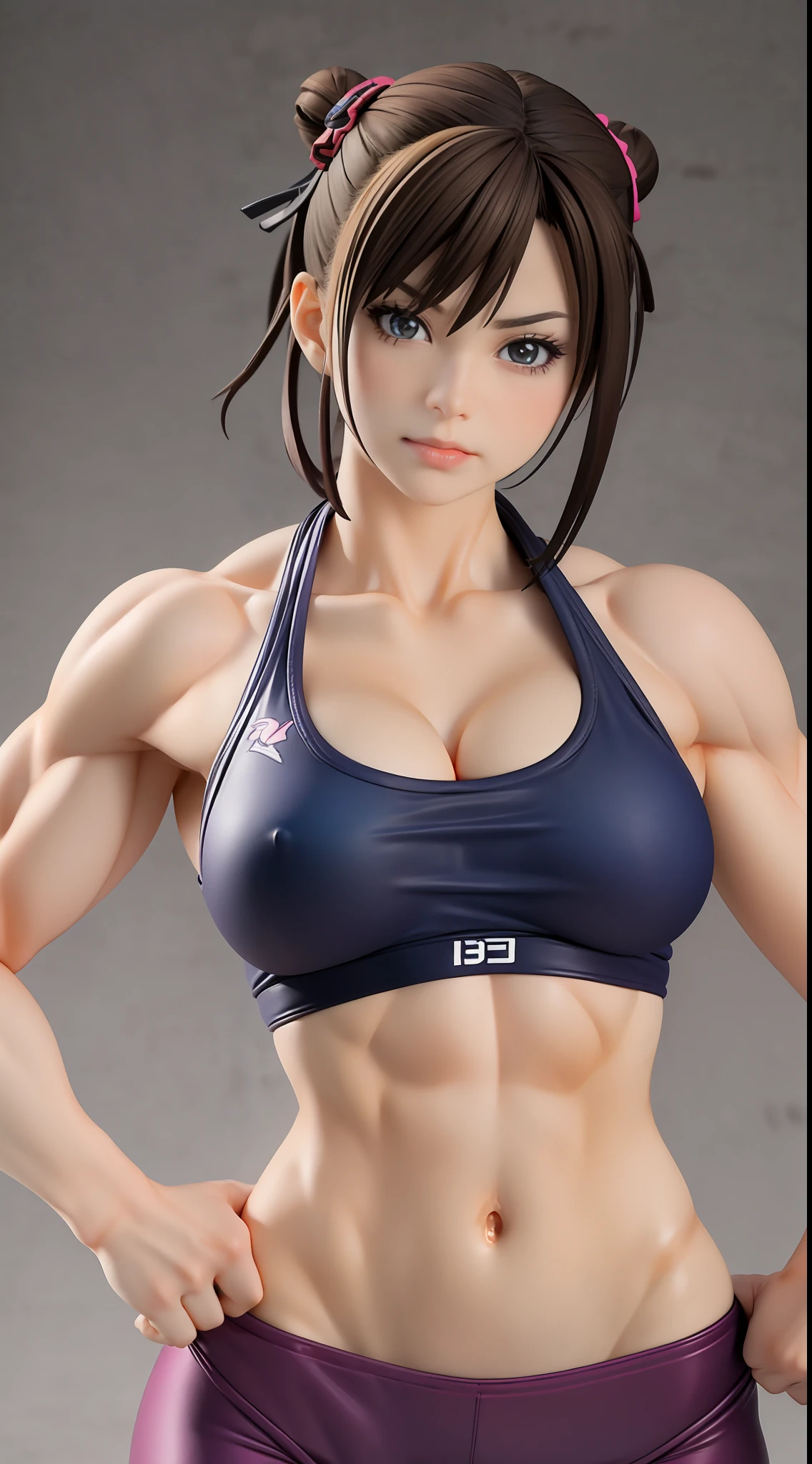 （Street Fighter Chunli），（Chun Li's classic look），（Two hair buns）Chun- li，Muscular woman posing for a photo, Crop top and（Abs）, （medium breasts1.2）（Hard），（Sexy clothing 1.2），Fitness woman,  Perfect muscle structure,  athletic body build, Sexy muscles, Body movement,Attractive body,（Rugged 135 lens，Lower photographic angle，Studio lighting