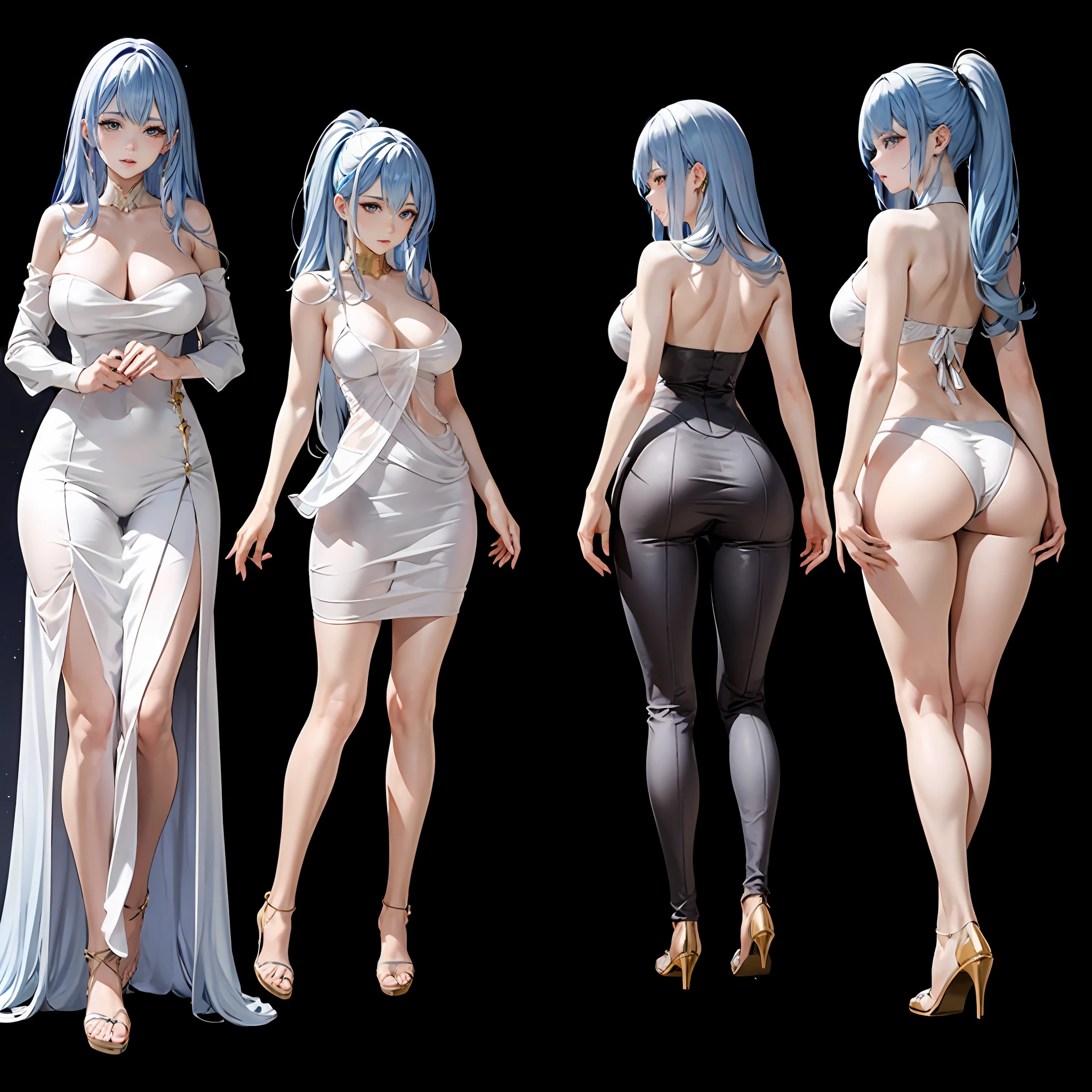 tmasterpiece,Beautiful goddess of the void,black color hair,High ponytail,Gorgeous clothes with gold patterns,Full-body white transparent bikini standing under the starry sky of empty night,Disappearing transparent pants,Full-body standing,Tall,Slender legs,detail in face,Detailed body part details,8k wallpaper,Front view, Rear view, Left view, right view, Four angles show the character
